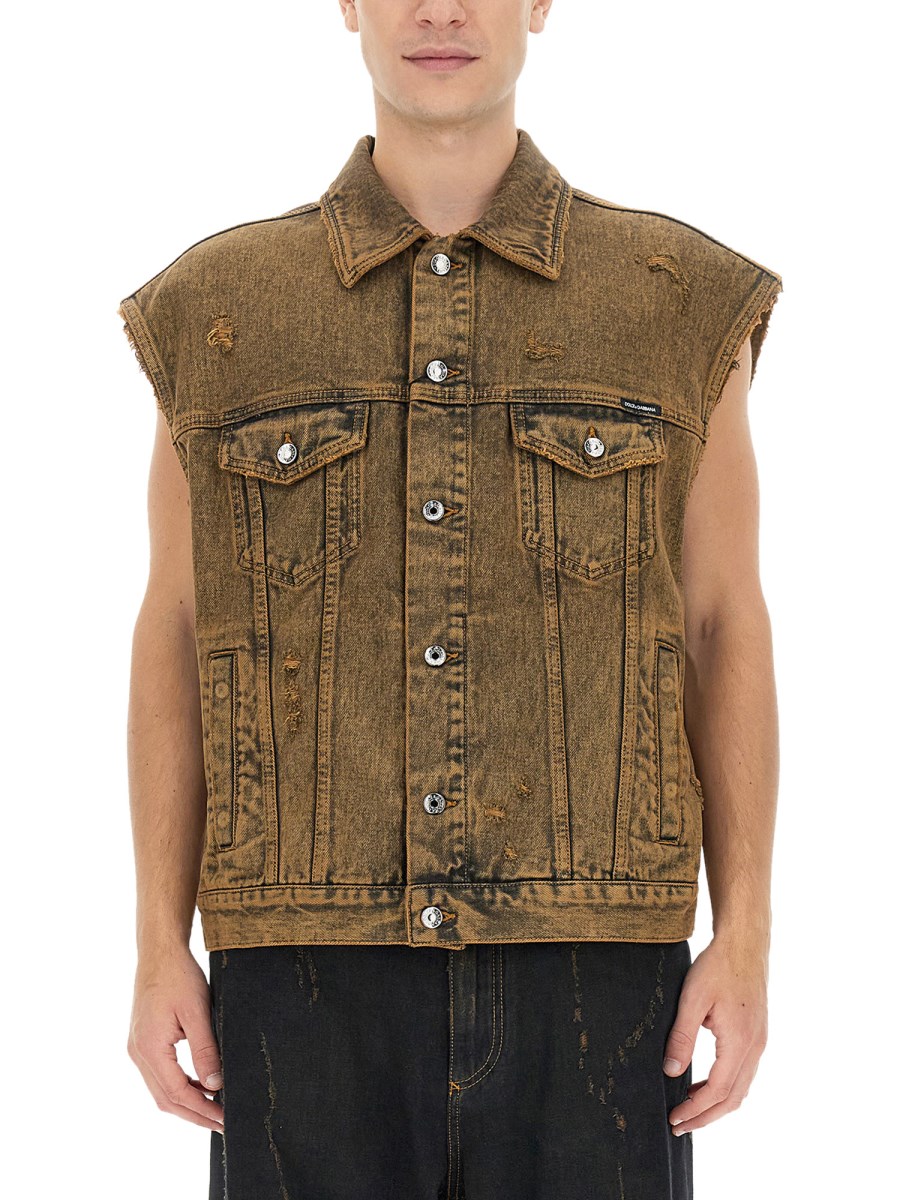 DOLCE & GABBANA GILET IN DENIM DI COTONE SOVRATINTO