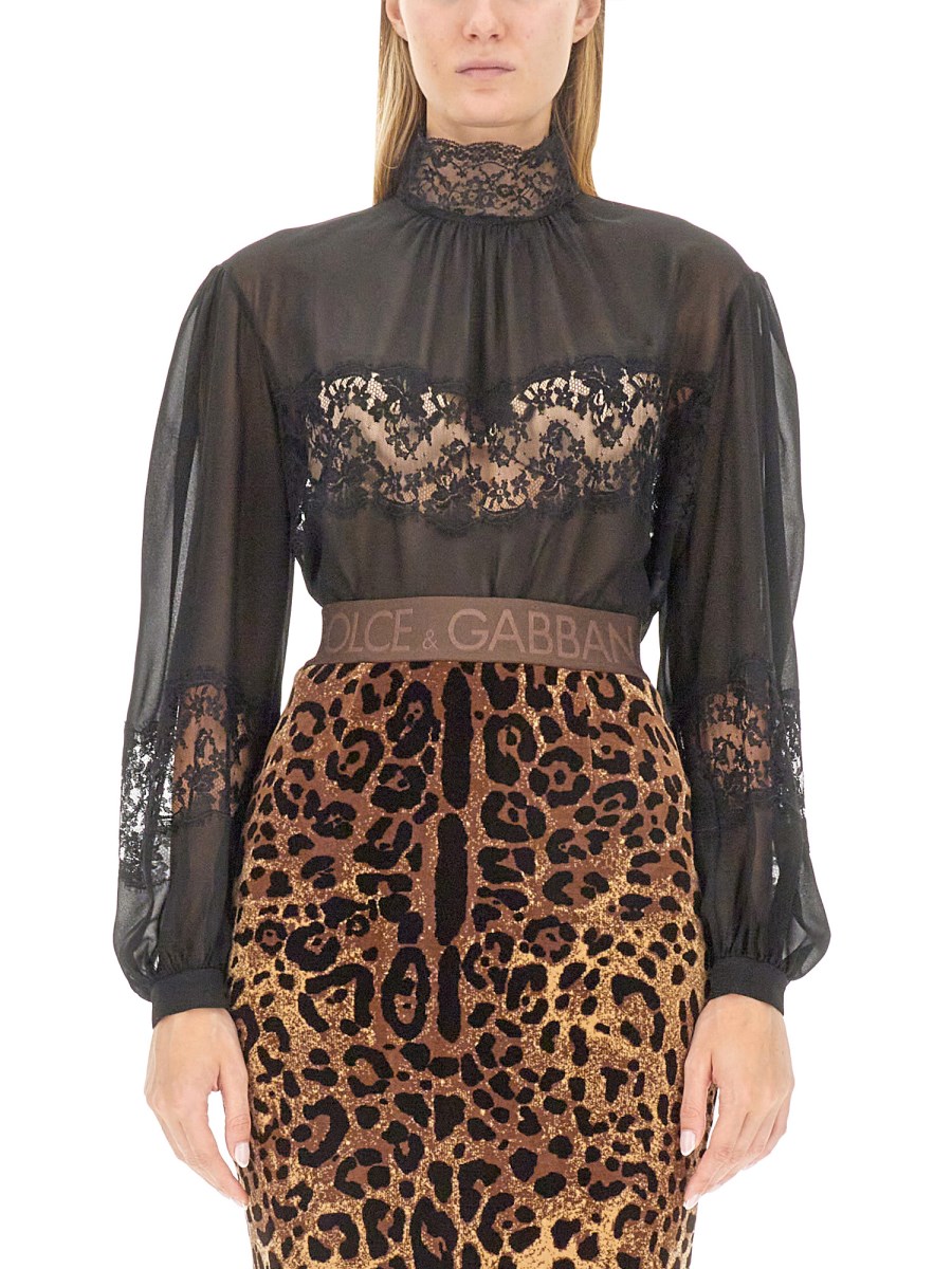 DOLCE & GABBANA BLUSA COLLO ALTO IN GEORGETTE E PIZZO