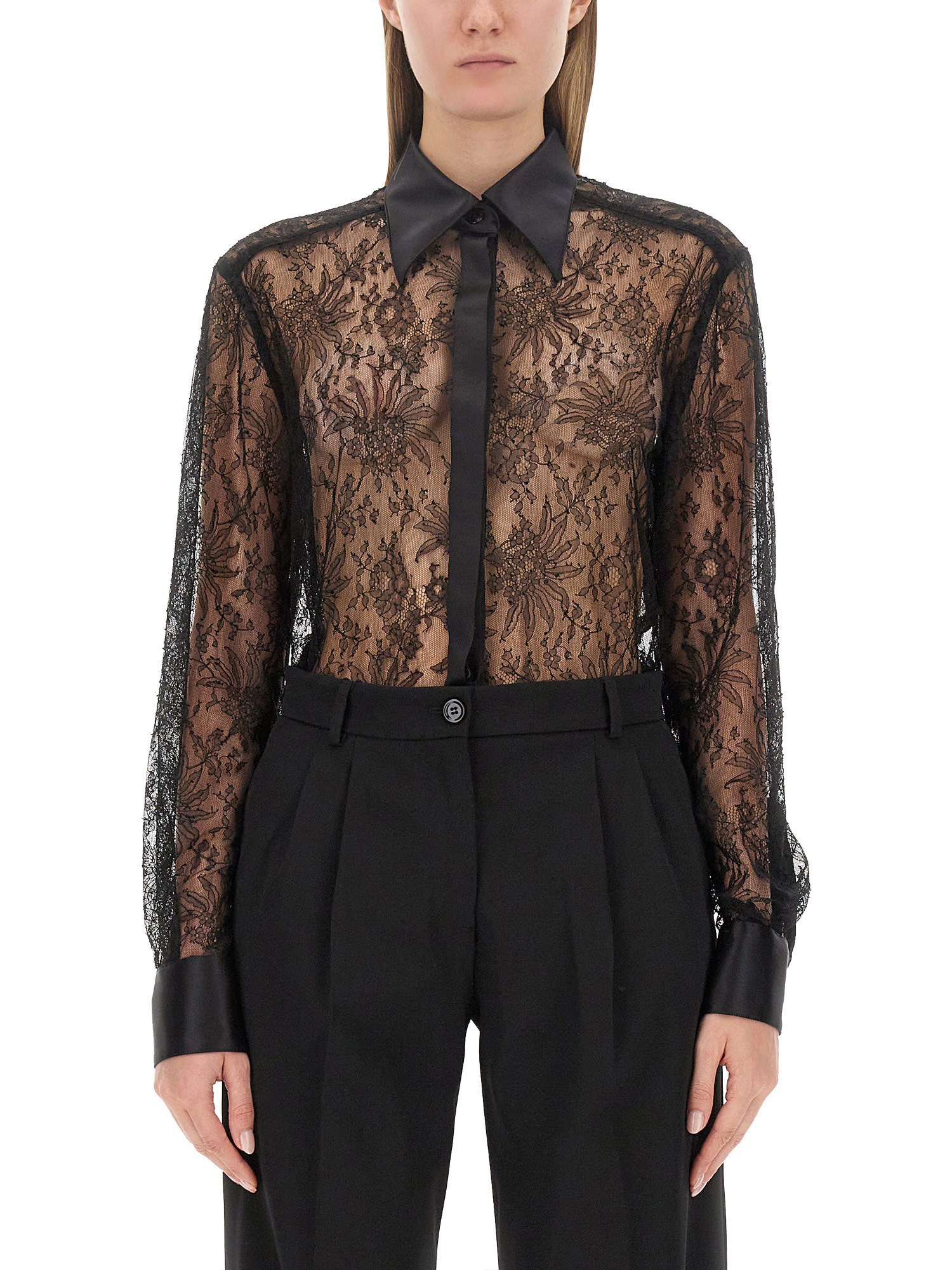 Dolce & Gabbana Chantilly Lace Satin Trim Button Down Shirt In Black