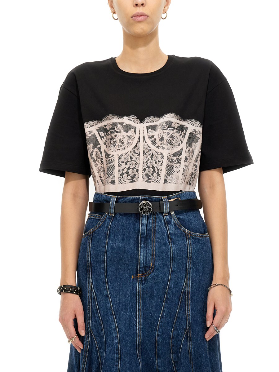 ALEXANDER McQUEEN - COTTON JERSEY T-SHIRT WITH LACE CORSET PRINT