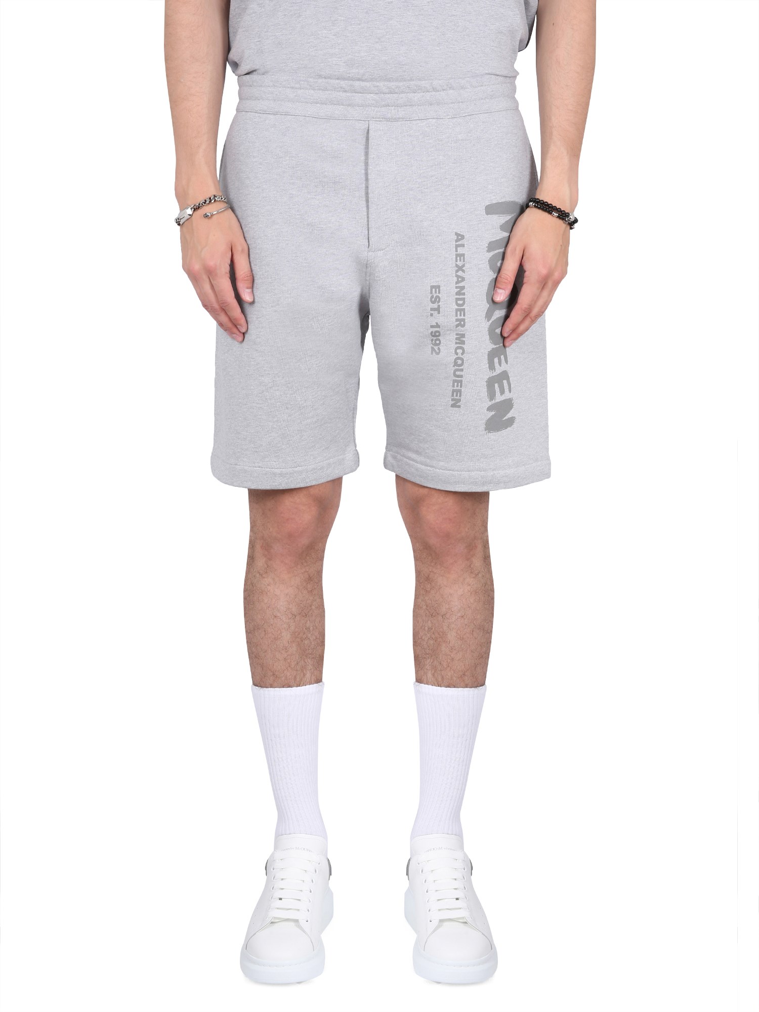 Alexander Mcqueen Graffiti Sweat Shorts In Grey