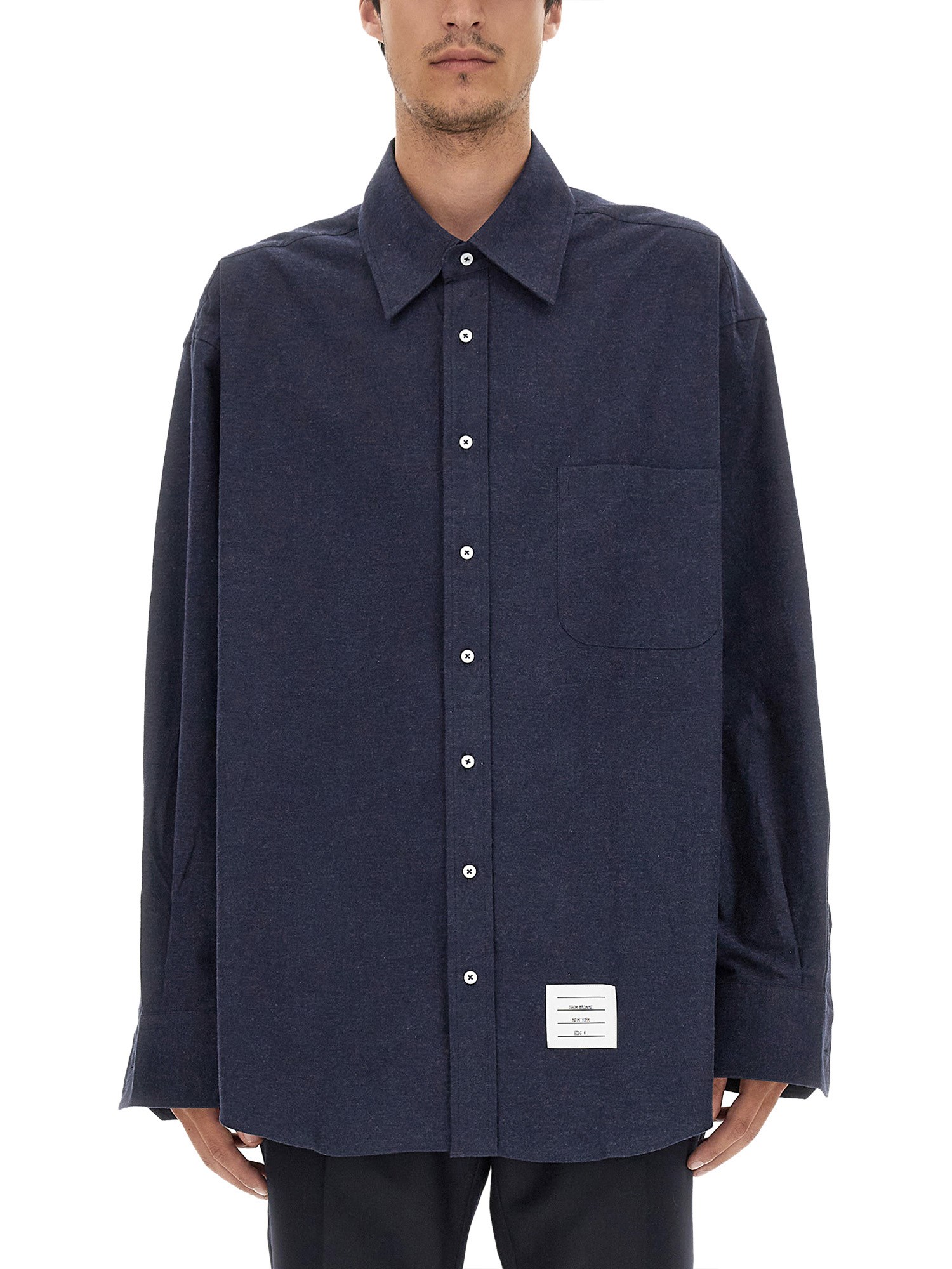 Thom Browne Oversize Long Sleeve Shirt With Pocket And Stripe Detail In Blue