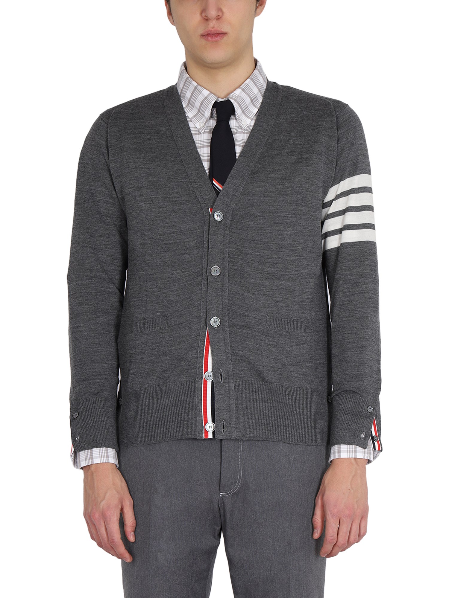 Thom Browne Cardigan Con Intarsio 4bar In Grey