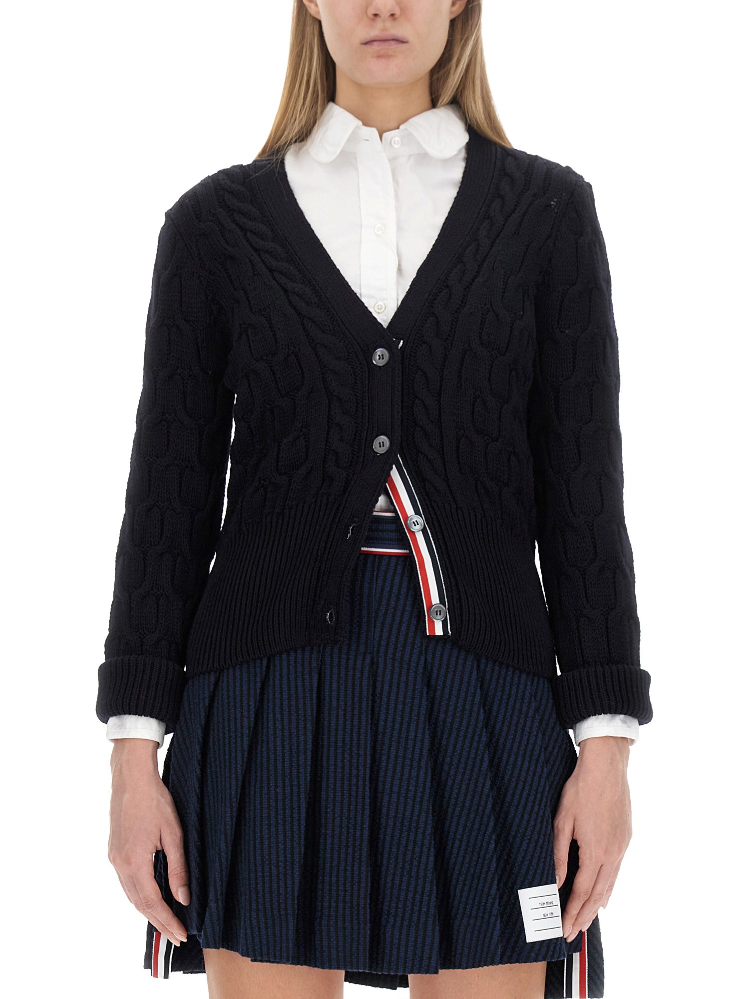 Thom Browne Cable Knit Wool Cardigan In Blue