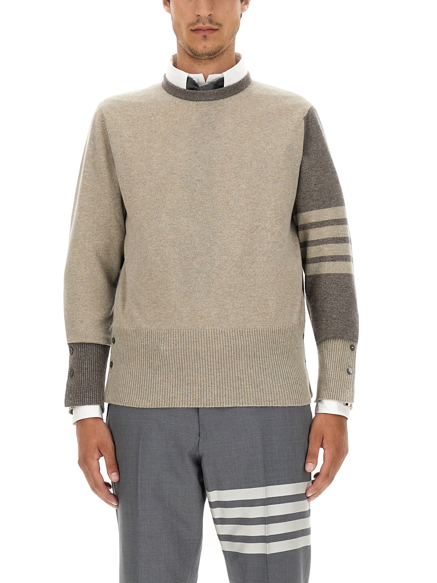 Thom Browne Striped Embroidered Cashmere Crewneck In Beige