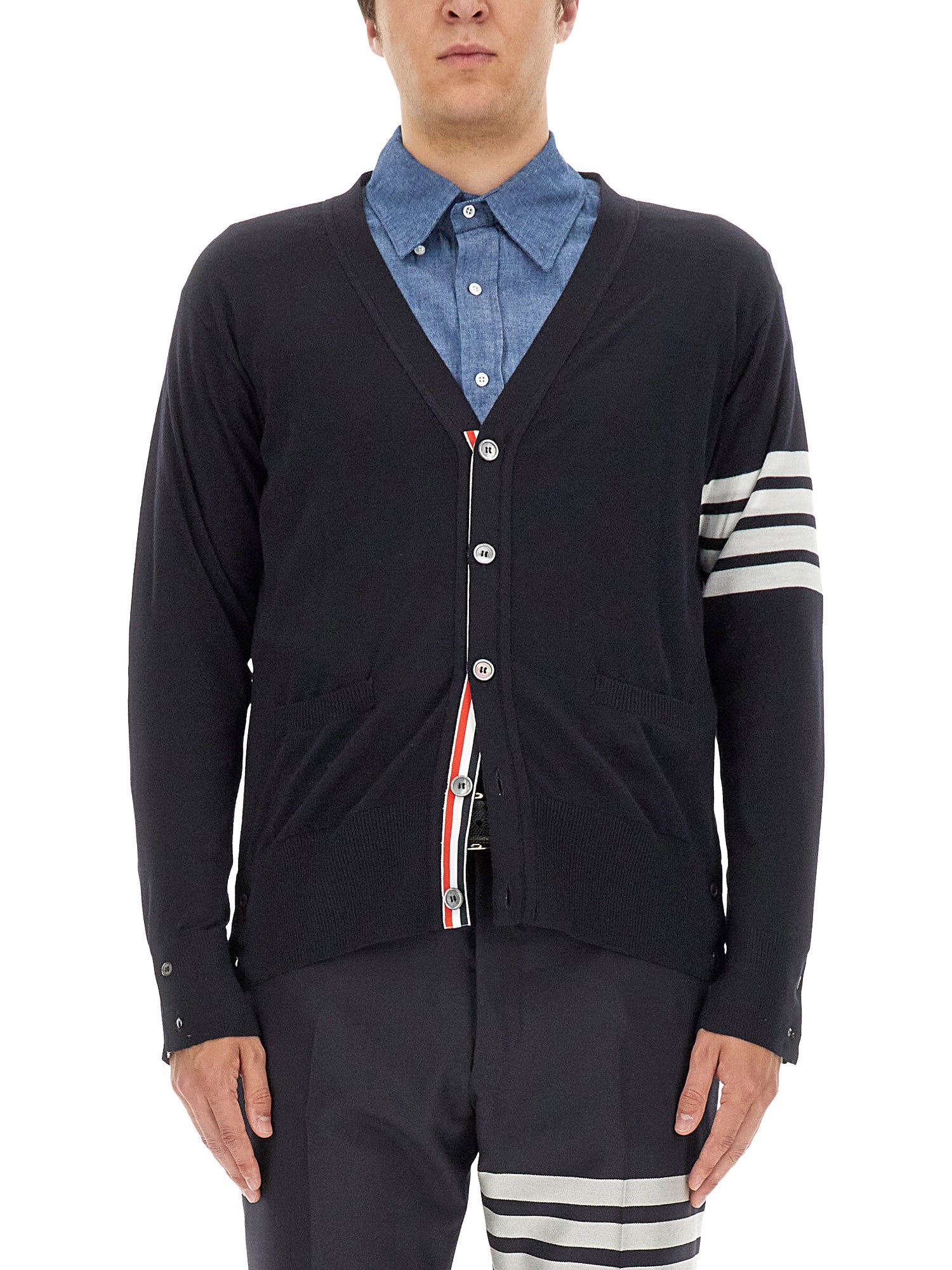 Shop Thom Browne 4bar Stripe Cardigan In Blue