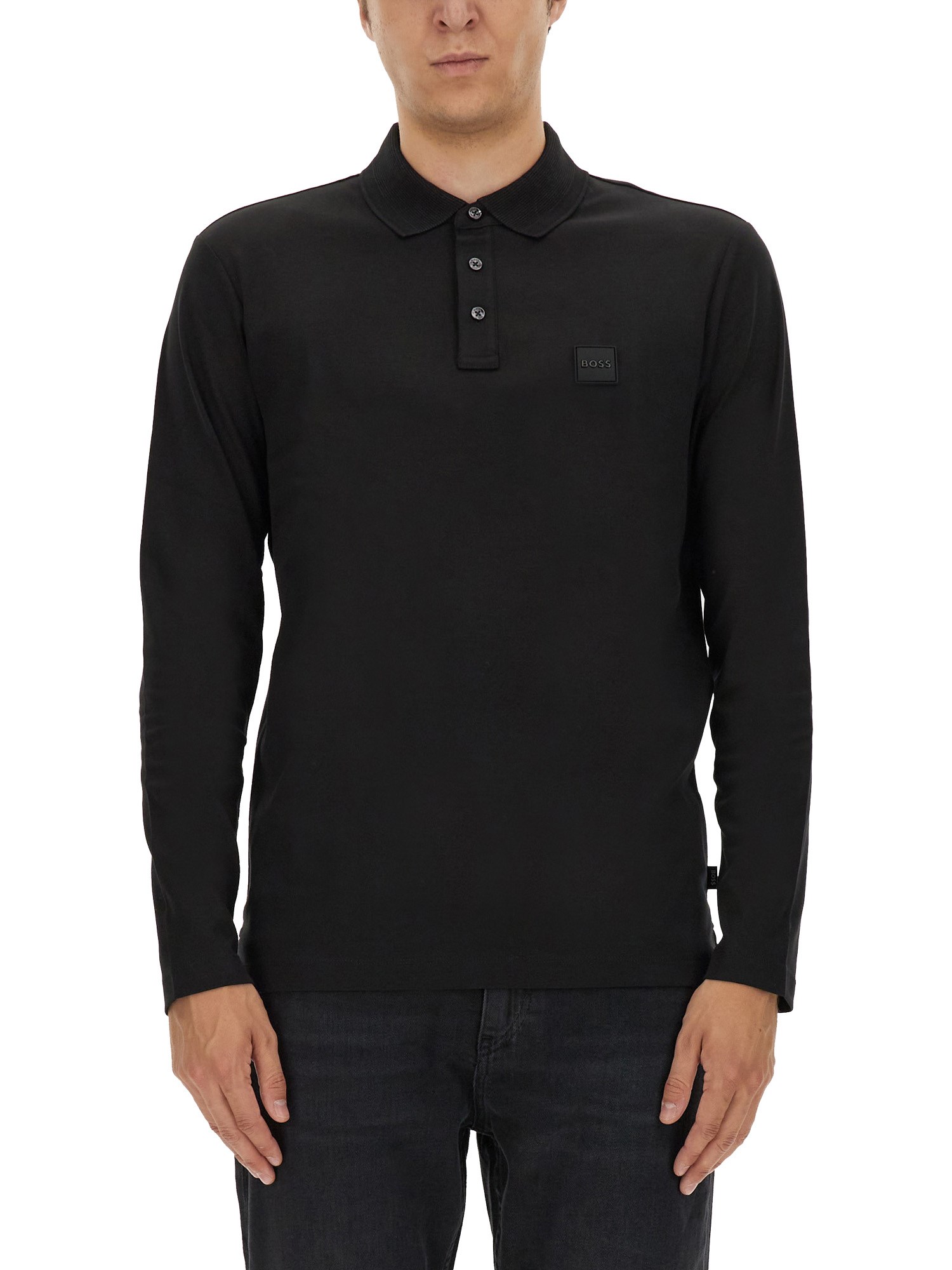 BOSS - Long-sleeved slim-fit polo shirt with logo patch