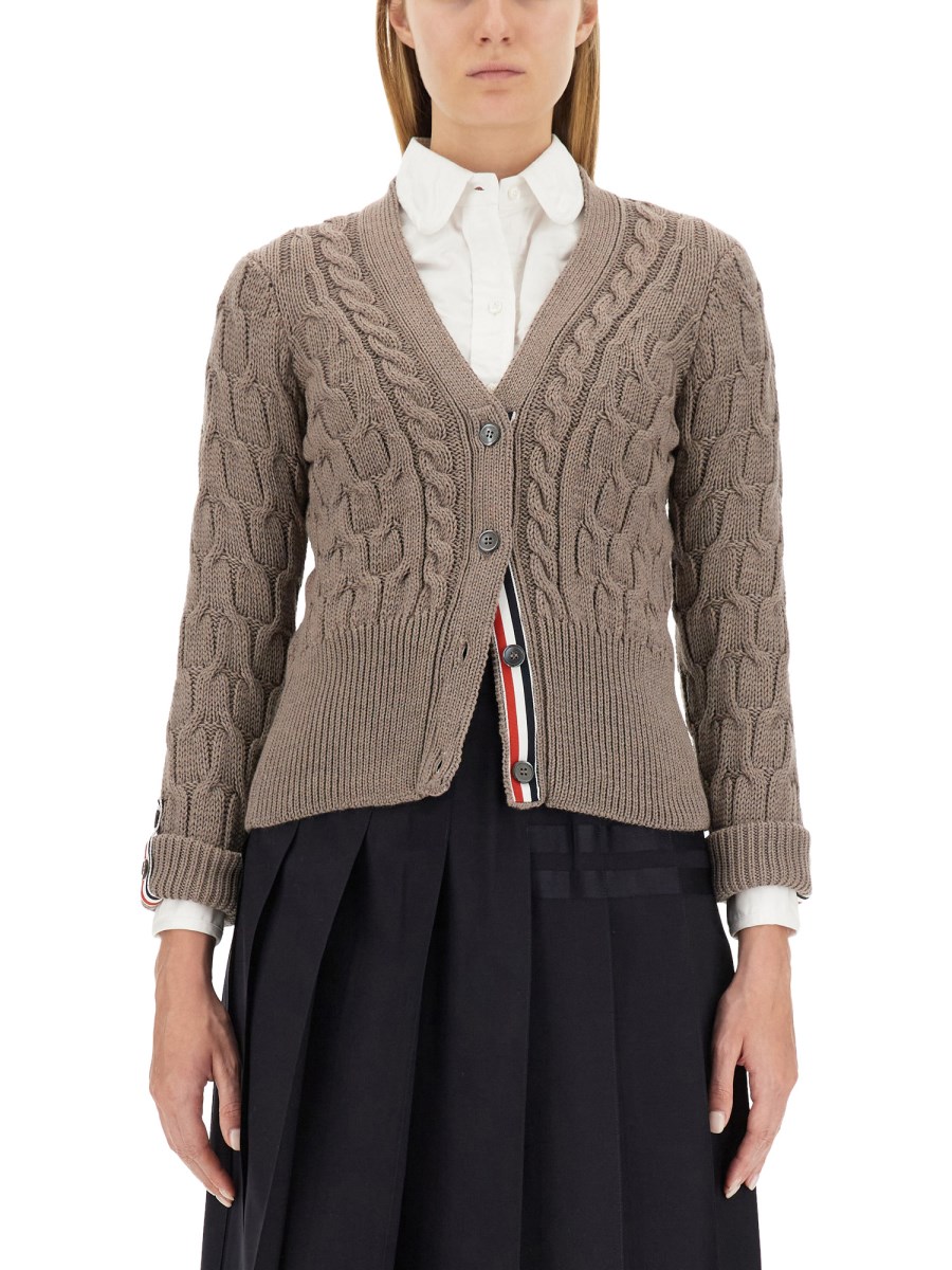 THOM BROWNE CARDIGAN IN LANA CON SCOLLO A V