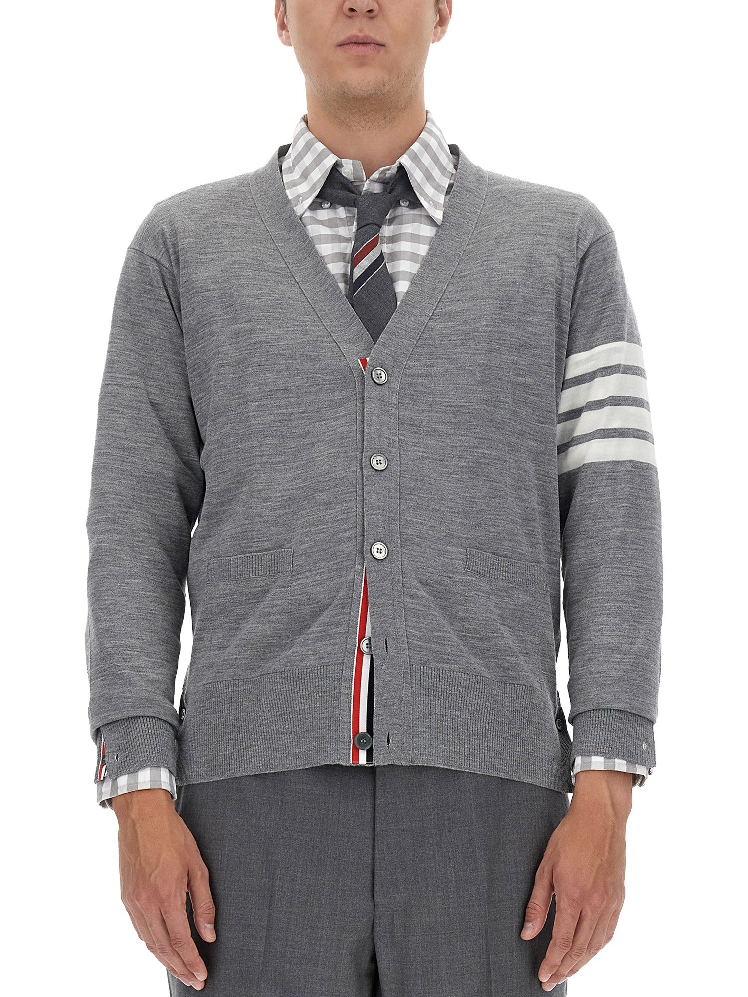 Shop Thom Browne 4bar Stripe Cardigan In Grey