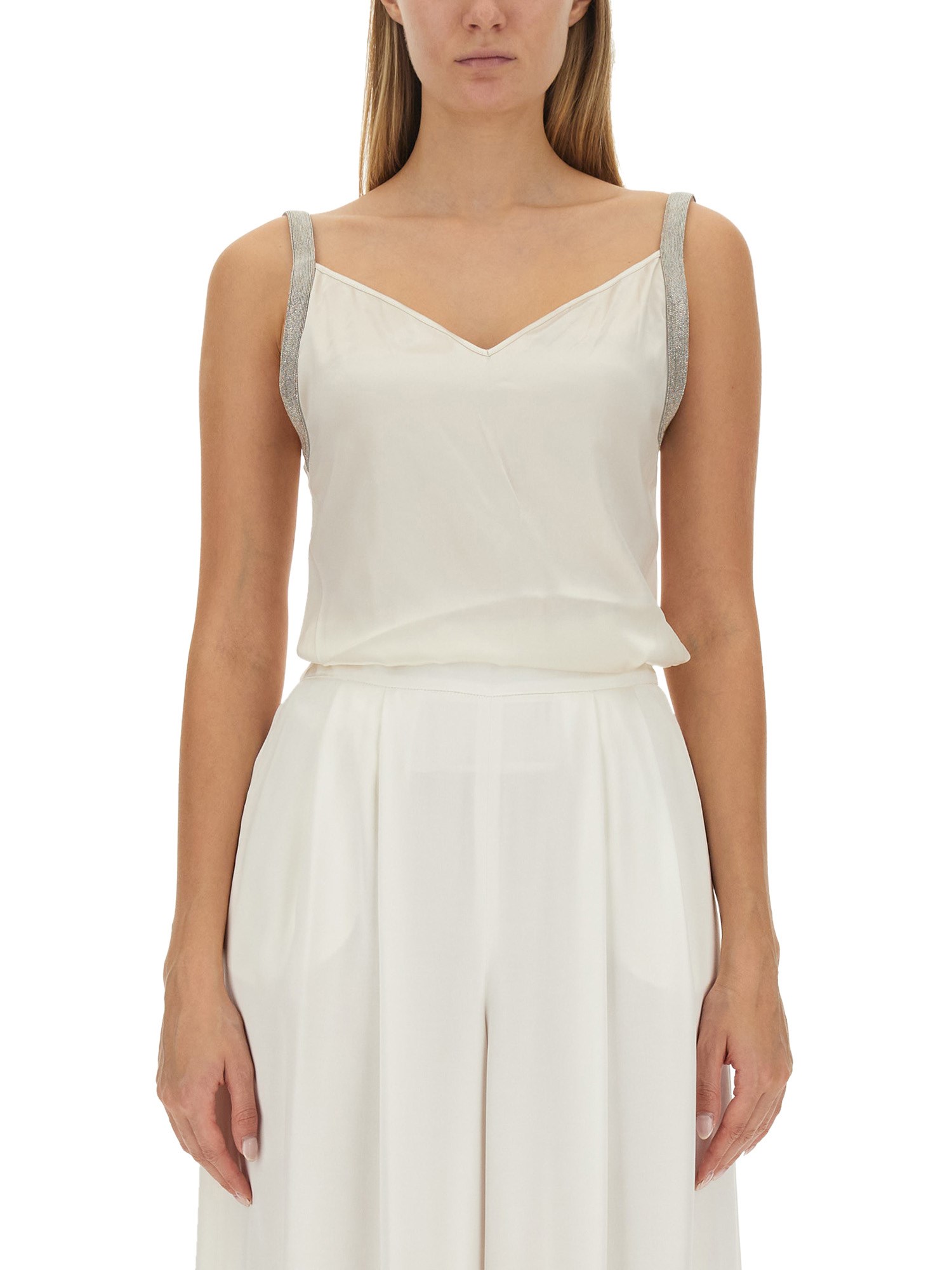 Fabiana Filippi Satin Top With Metallic Strap Detail In White