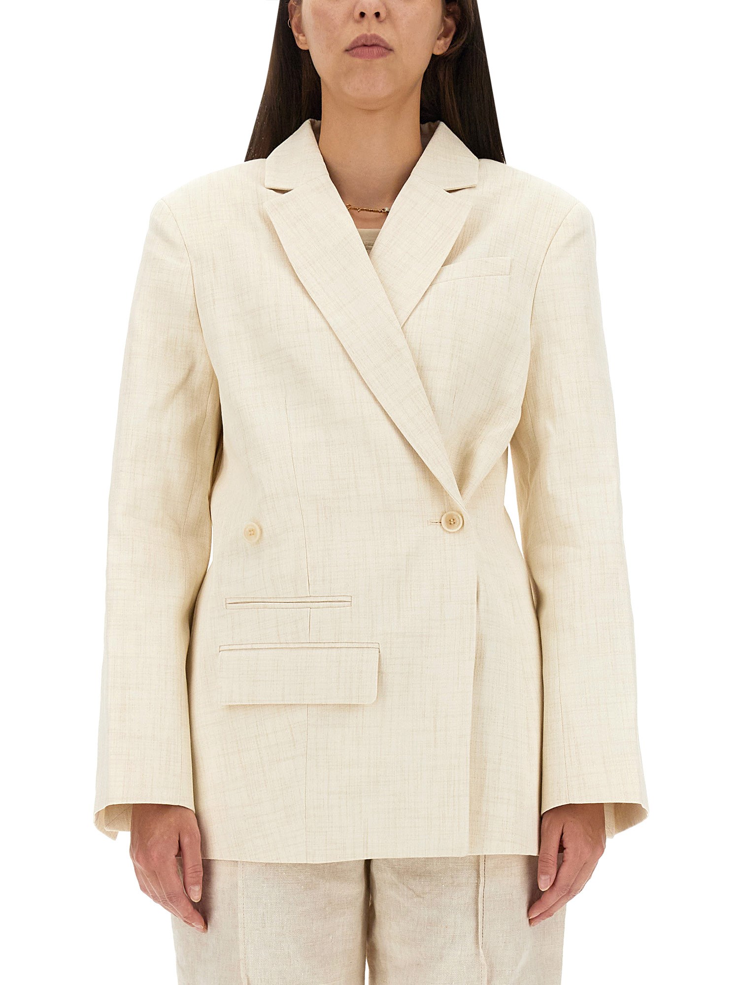 Jacquemus Wrapped Notched Lapel Embellished Double Breasted Blazer In White