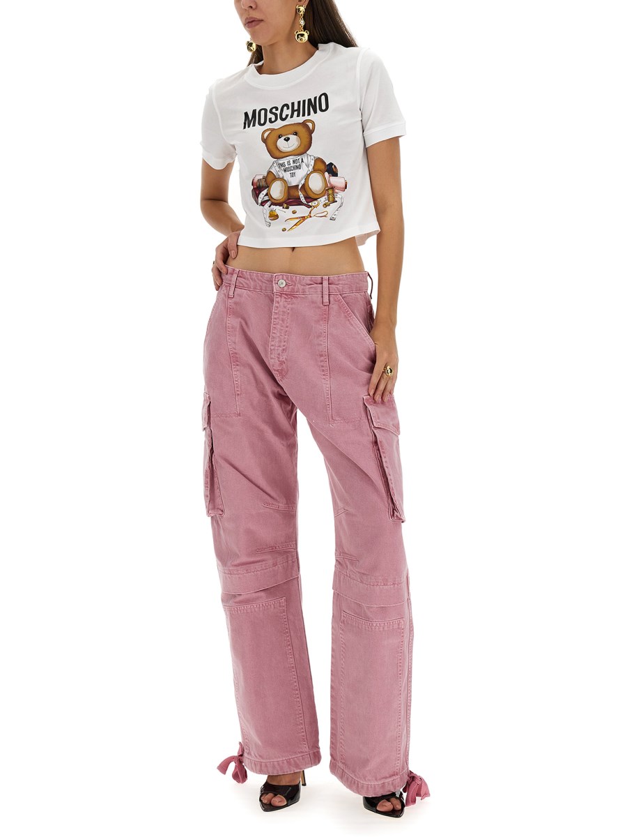 MOSCHINO - COTTON JERSEY CROPPED T-SHIRT WITH TEDDY BEAR PRINT