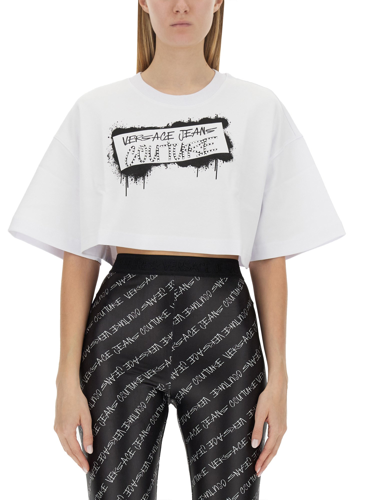 versace jeans couture cropped t-shirt with graffiti logo