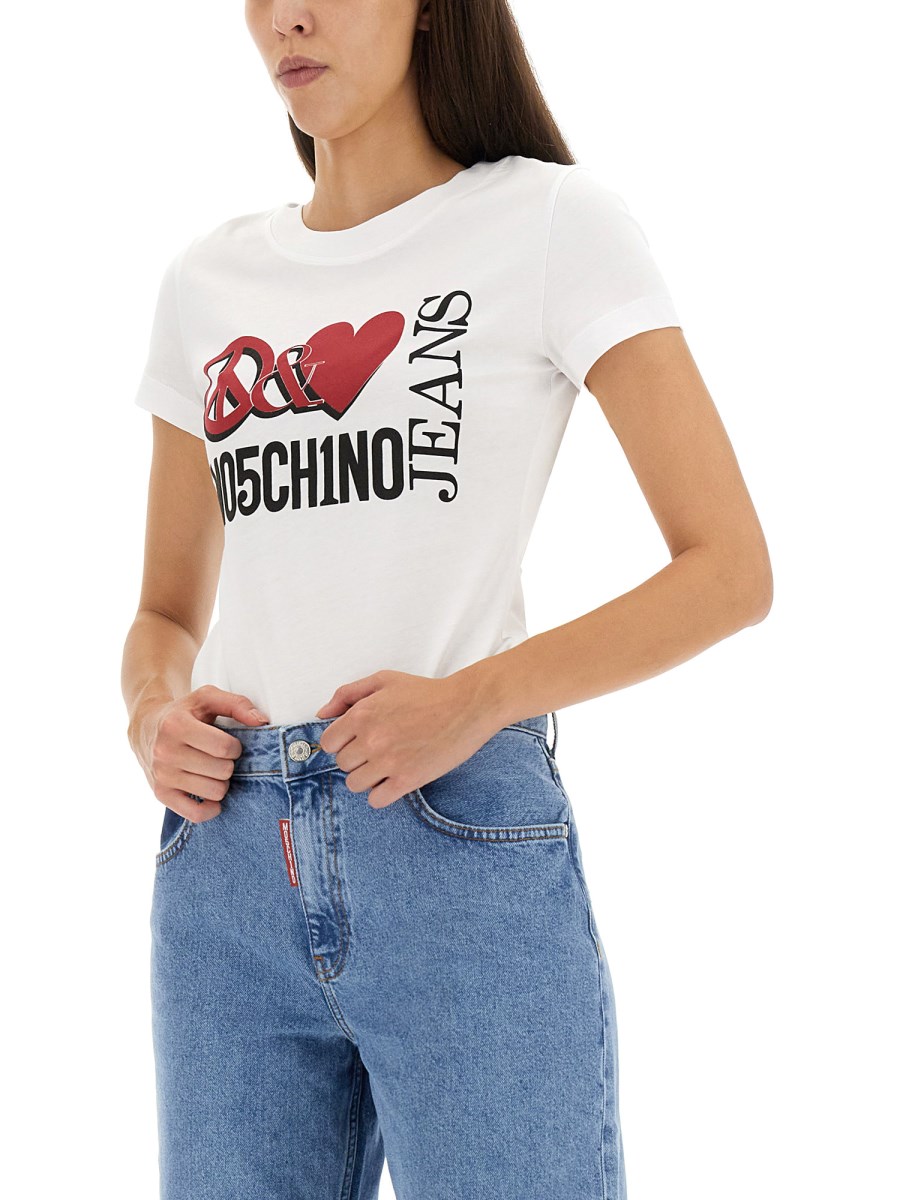 MOSCHINO JEANS - COTTON JERSEY T-SHIRT WITH PEACE & LOVE
