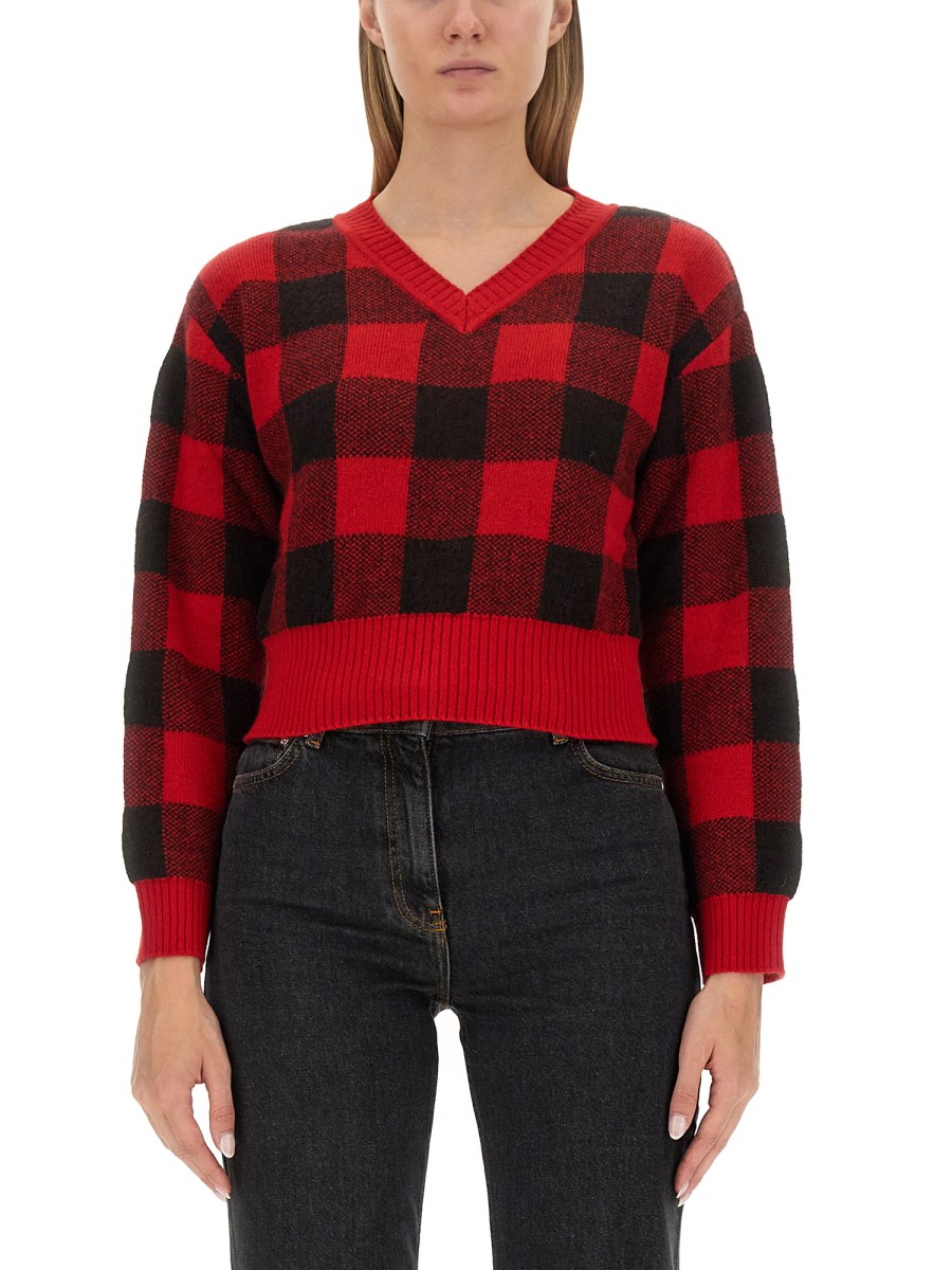 MOSCHINO JEANS MAGLIA CON MOTIVO TARTAN E SCOLLO A V