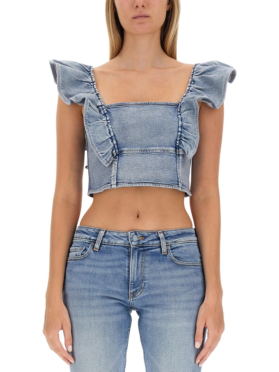 GANNI TOP IN DENIM DI COTONE CON VOLANT