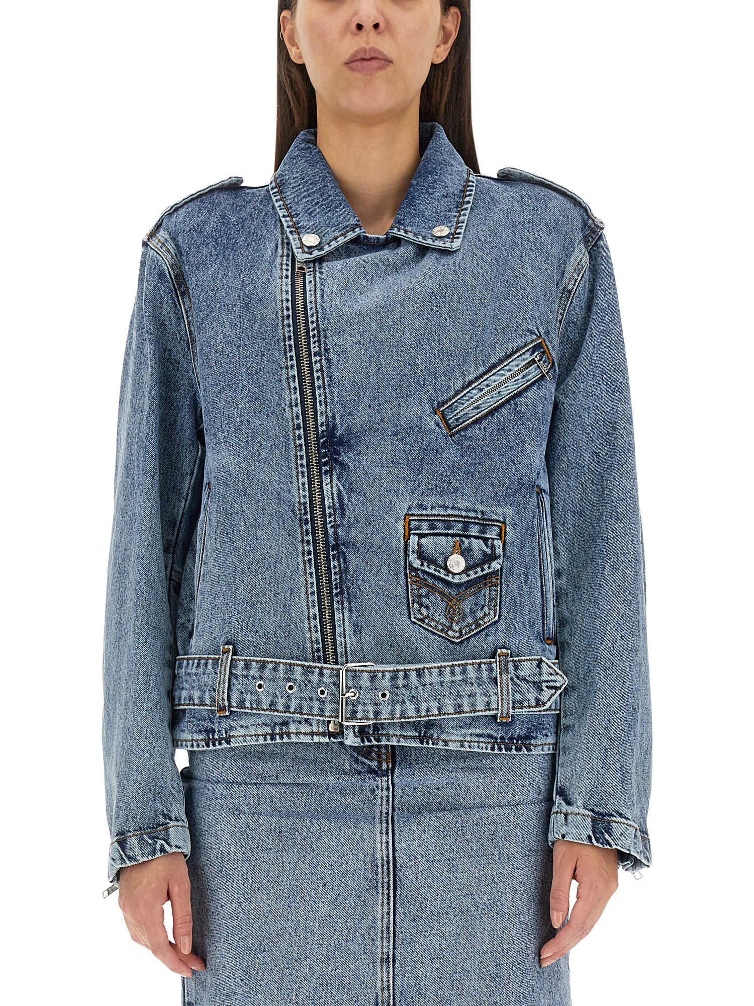 Moschino Jeans Crystal-embellished Denim Biker Jacket In Blue