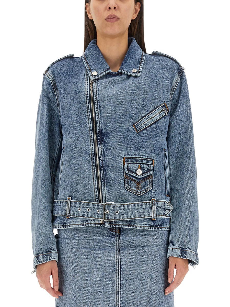 MOSCHINO JEANS BIKER IN DENIM DI COTONE CON LOGO PEACE SYMBOL