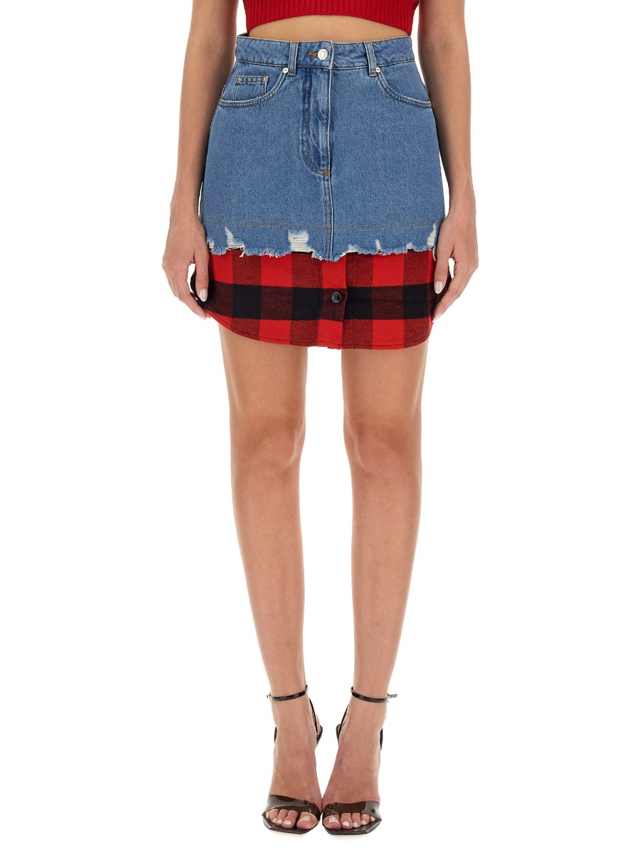 MOSCHINO JEANS GONNA MINI CON STAMPA TARTAN IN DENIM DI COTONE