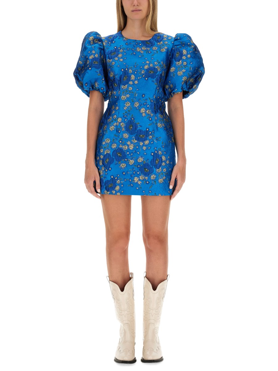 knee length dresses for ladies Rent The Blue Jacquard Open Back Mini Dress By Ganni