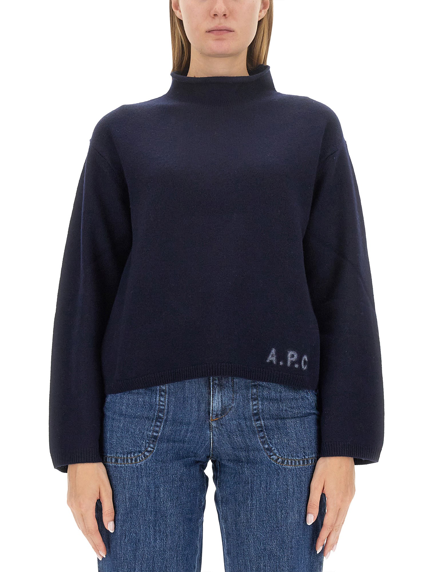 Apc Navy Turtleneck Sweater In Wool In Blue