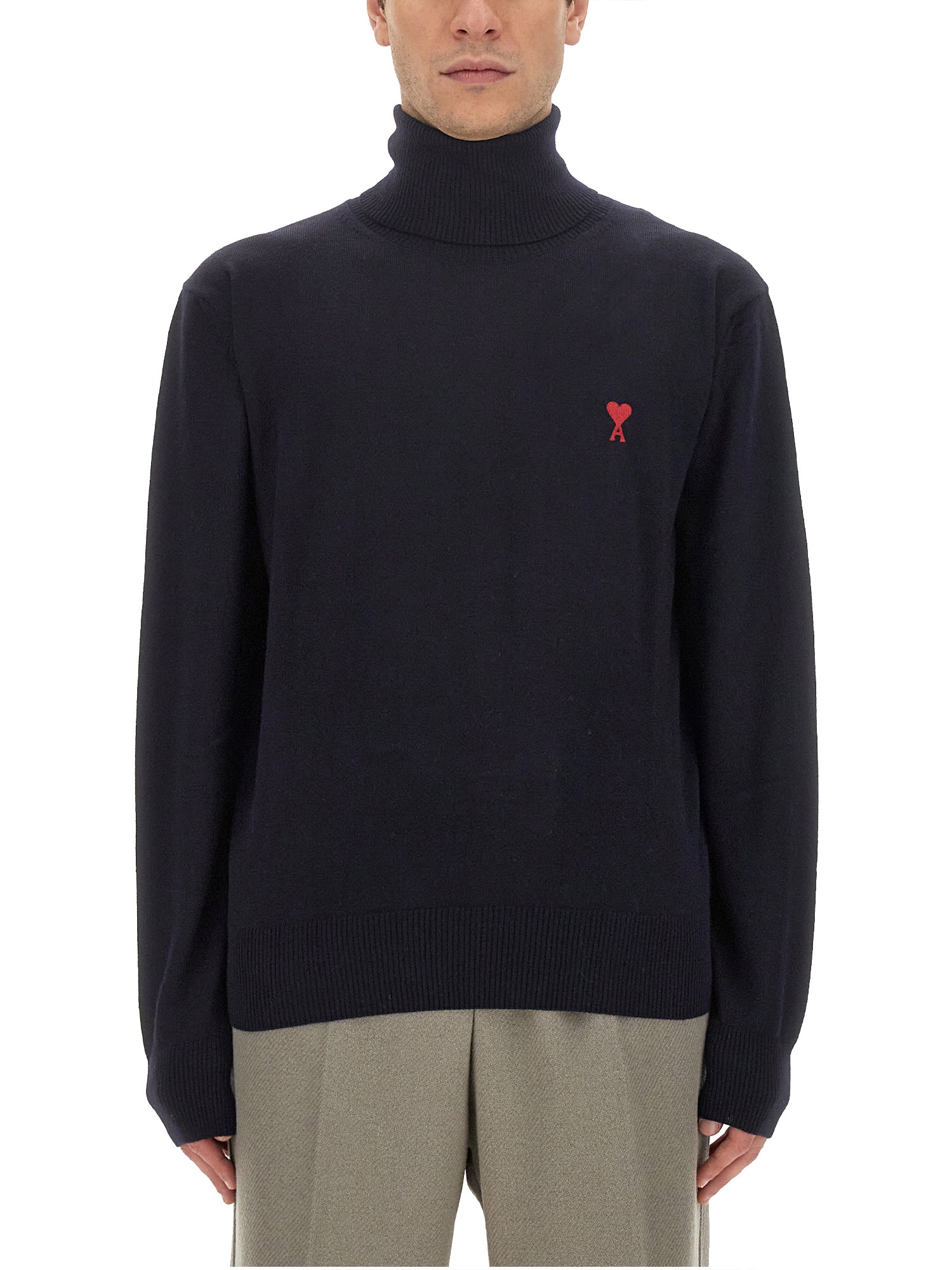 Ami Alexandre Mattiussi Wool Sweater With Turtleneck And Ribbed Finish In Blue