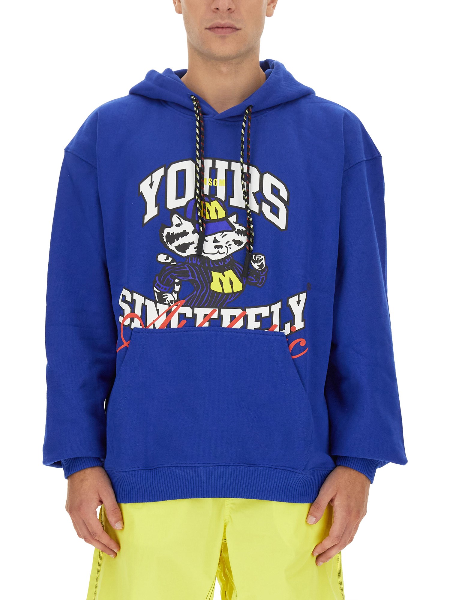 Msgm Graphic Print Hooded Sweatshirt With Kangaroo Pocket In Blue