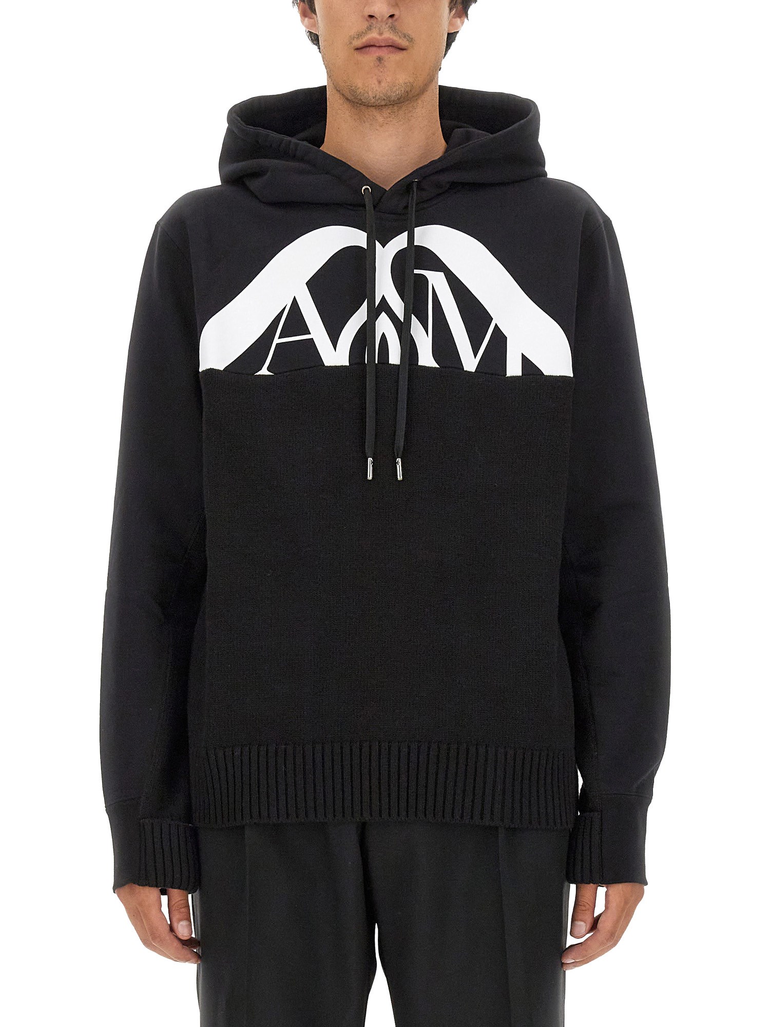 Alexander Mcqueen Drawstring Hooded Sweater With Ribbed Hem And Cuffs In Black