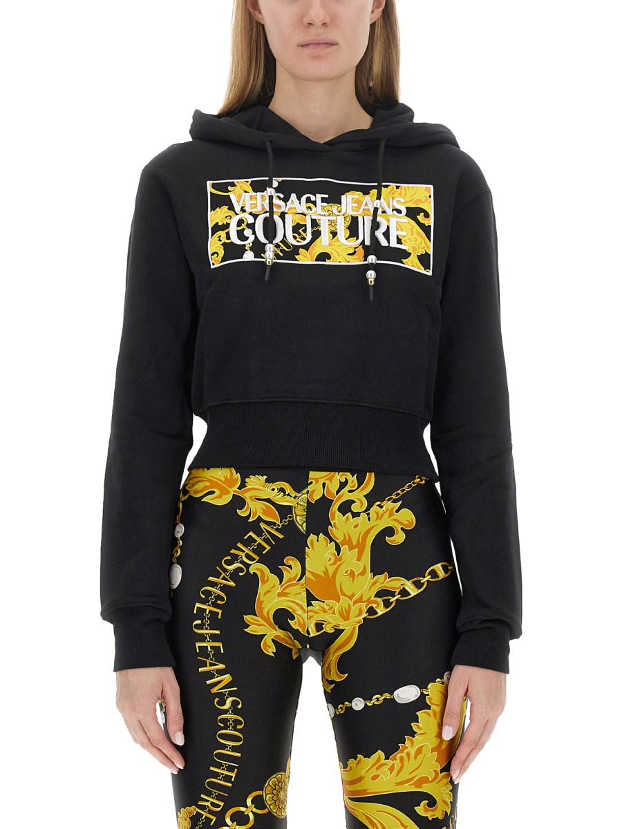 VERSACE JEANS COUTURE - COTTON CROPPED SWEATSHIRT WITH LOGO PRINT