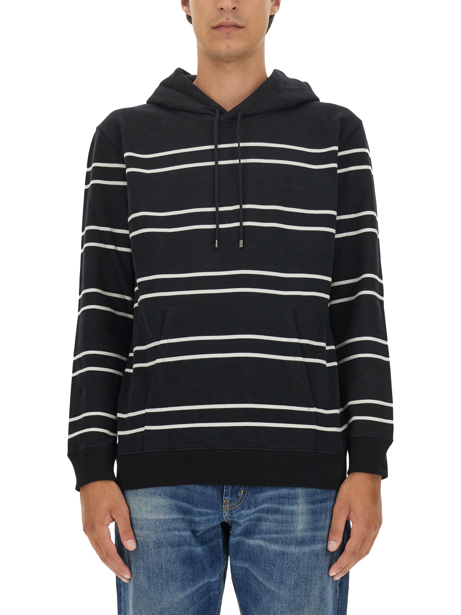 Saint Laurent Striped Hooded Sweatshirt In Black