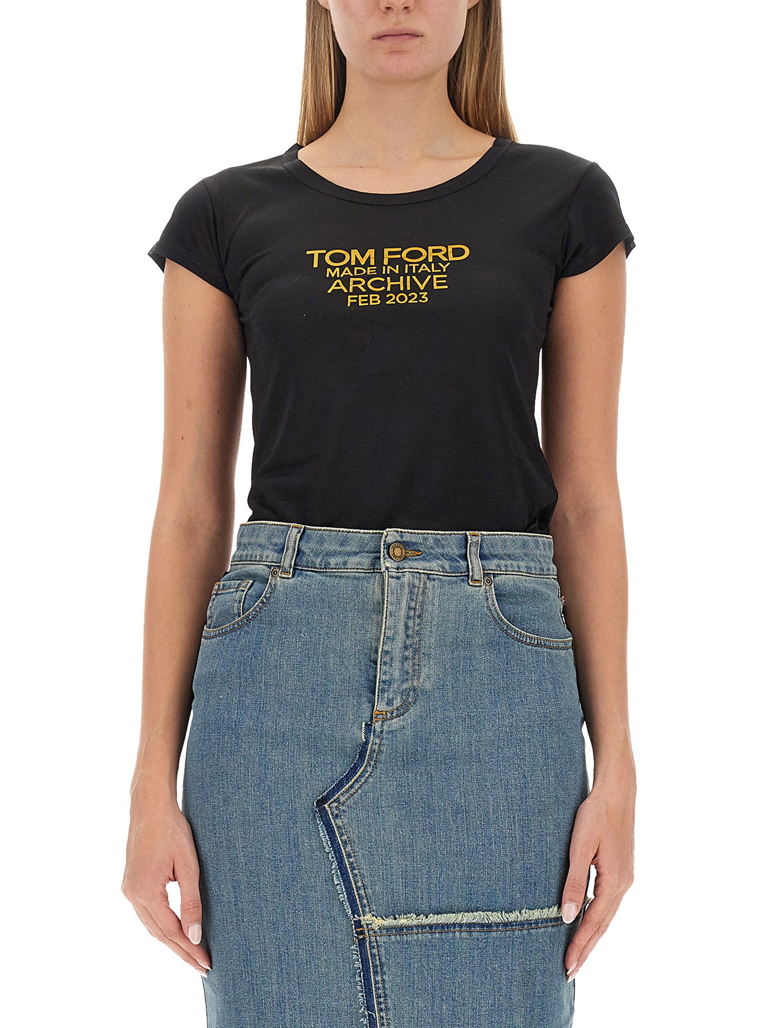 Tom Ford Silk Crew Neck Slim Fit T-shirt Graphic Print In Black