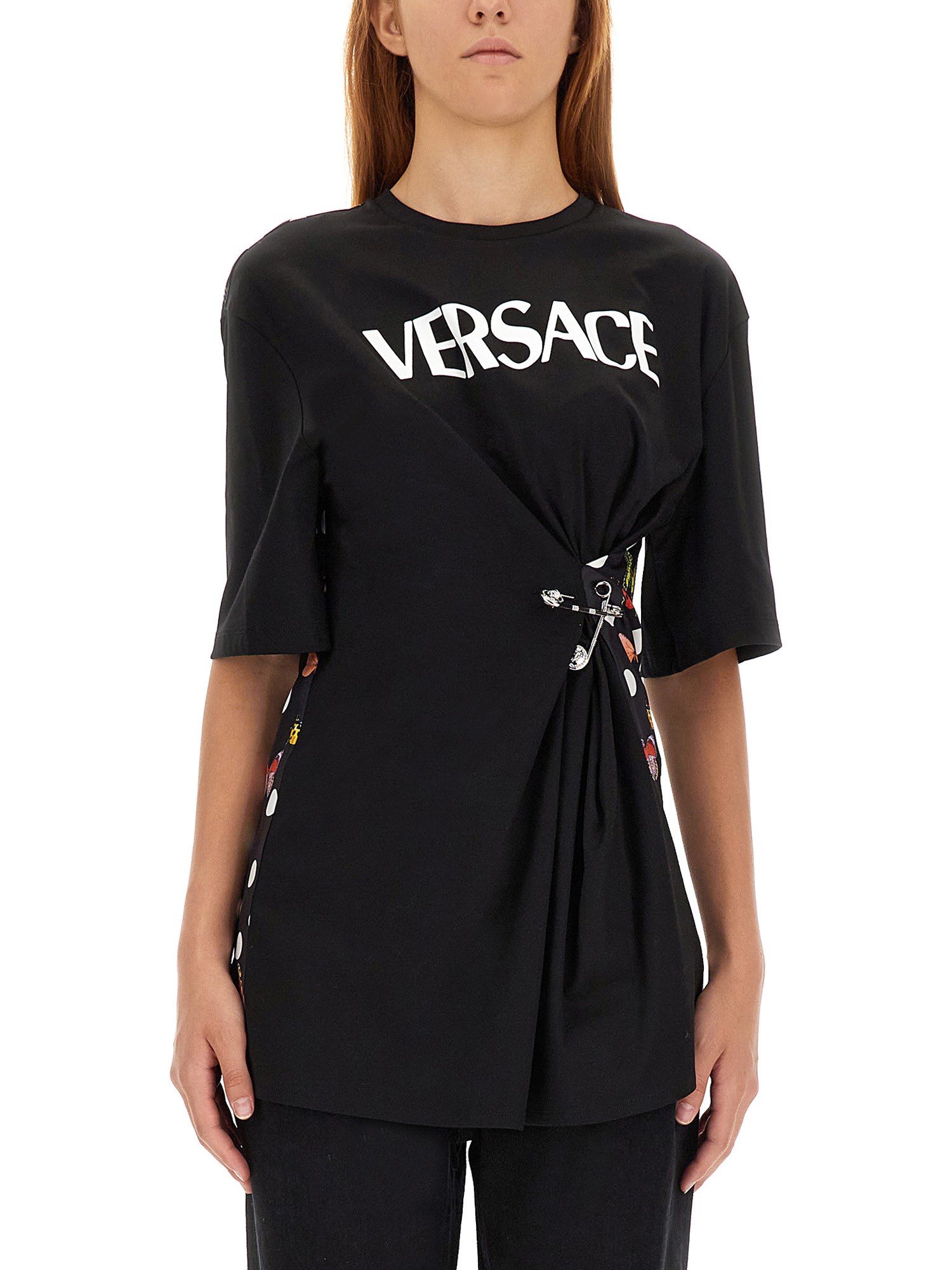 versace t-shirt with butterflies and safety pin logo