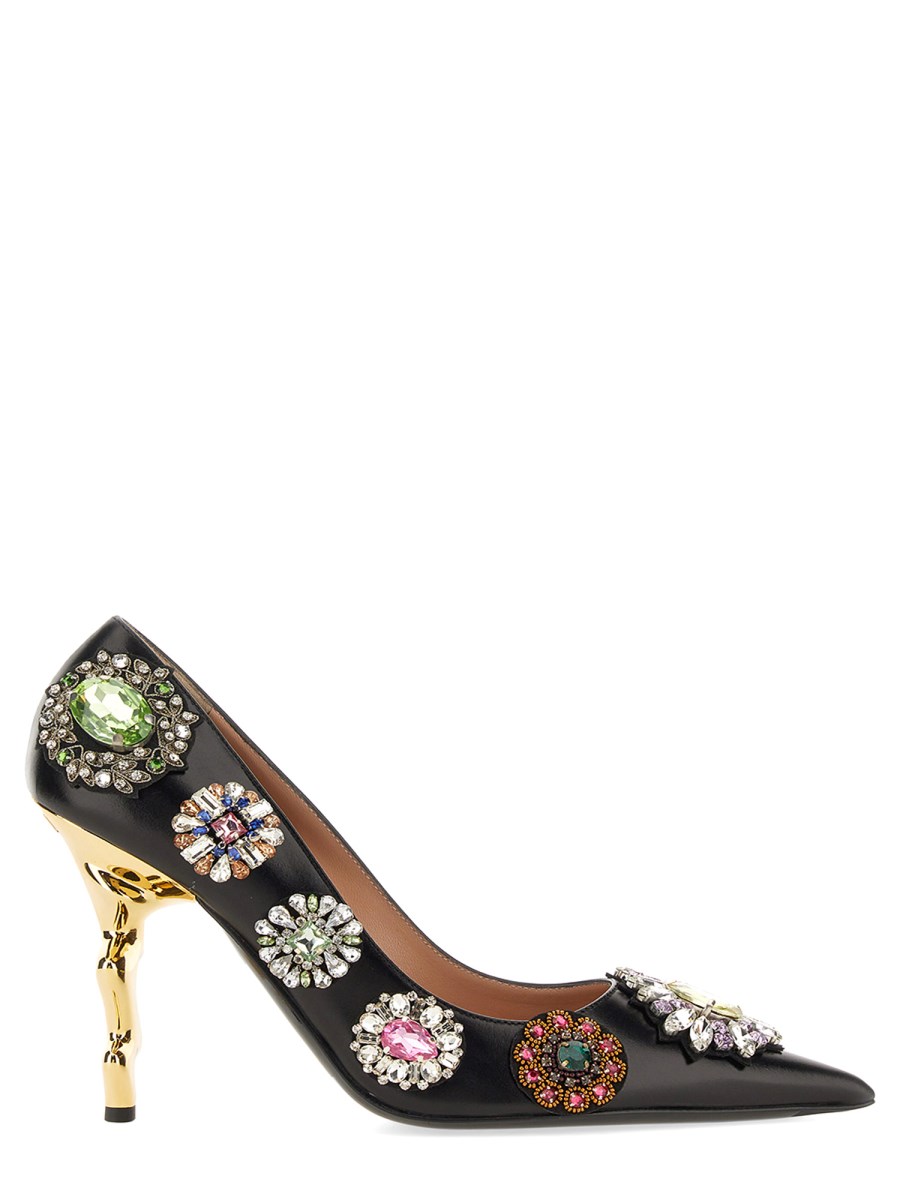 MOSCHINO LEATHER D COLLET WITH JEWELS AND SCULPTED HEEL