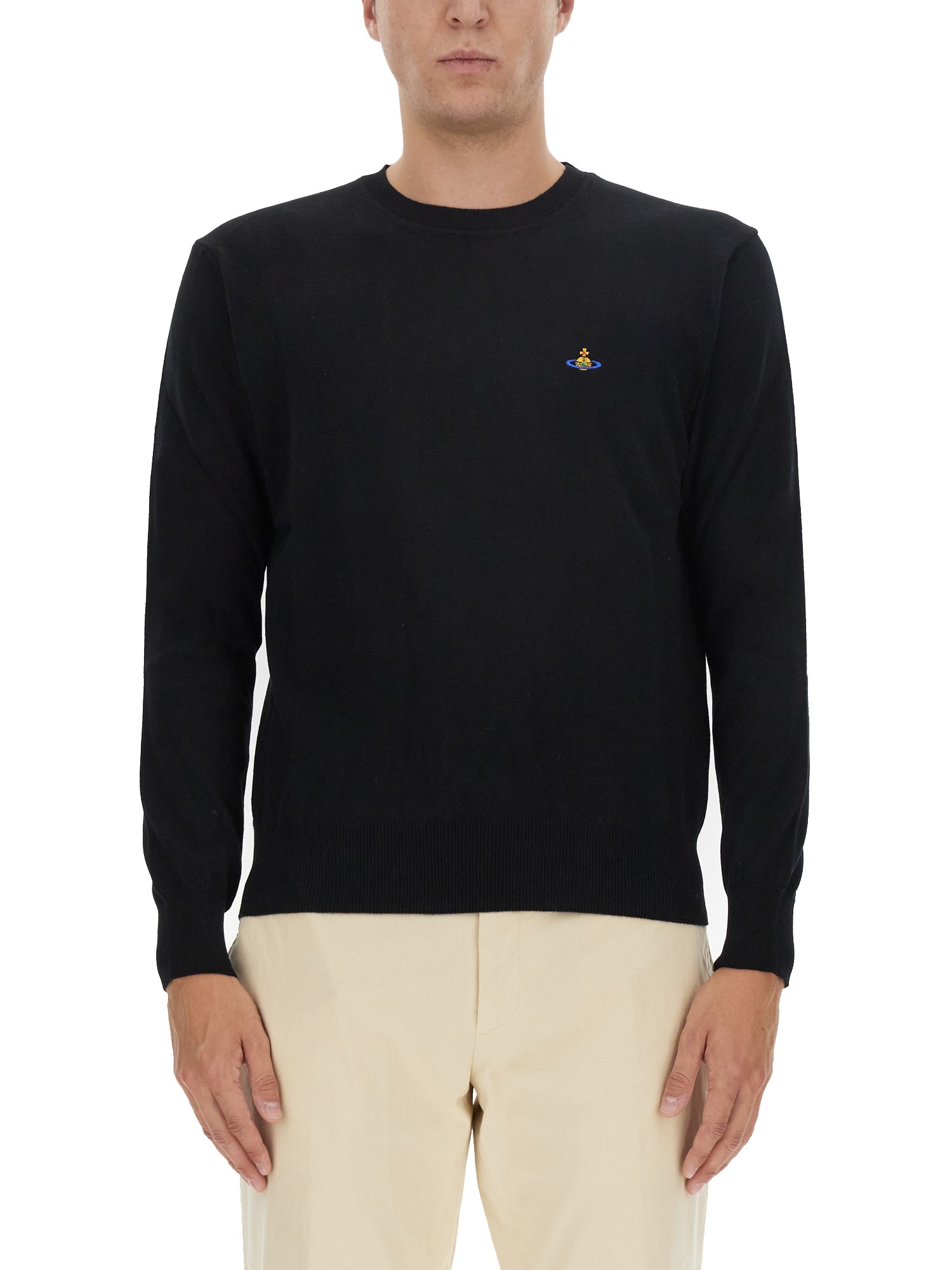 Vivienne Westwood 'alex' Black Crewneck Sweater With Orb Logo Detail On The Front In Black