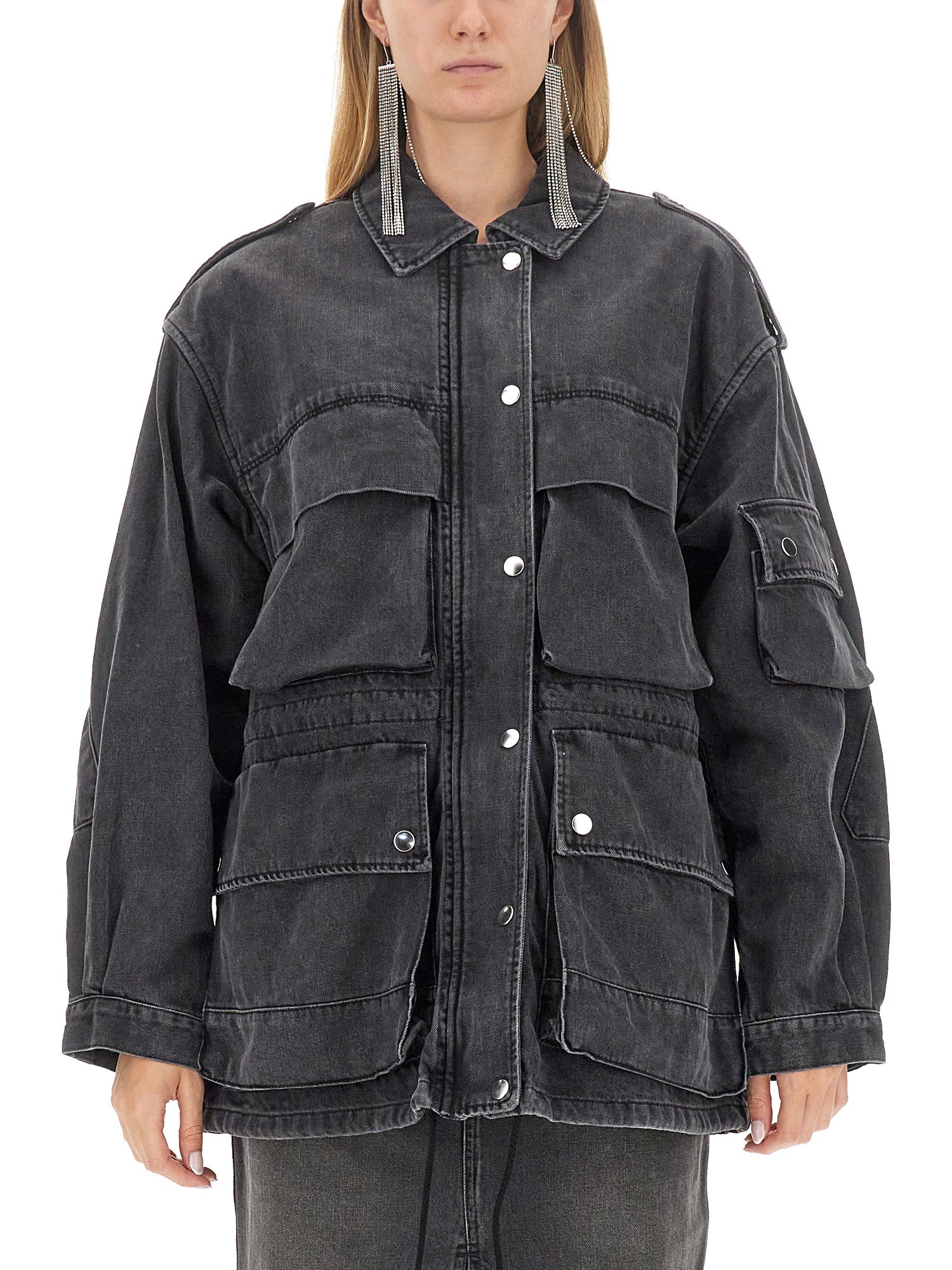 Isabel Marant Elize Denim Utility Jacket With Patch Pockets In Black