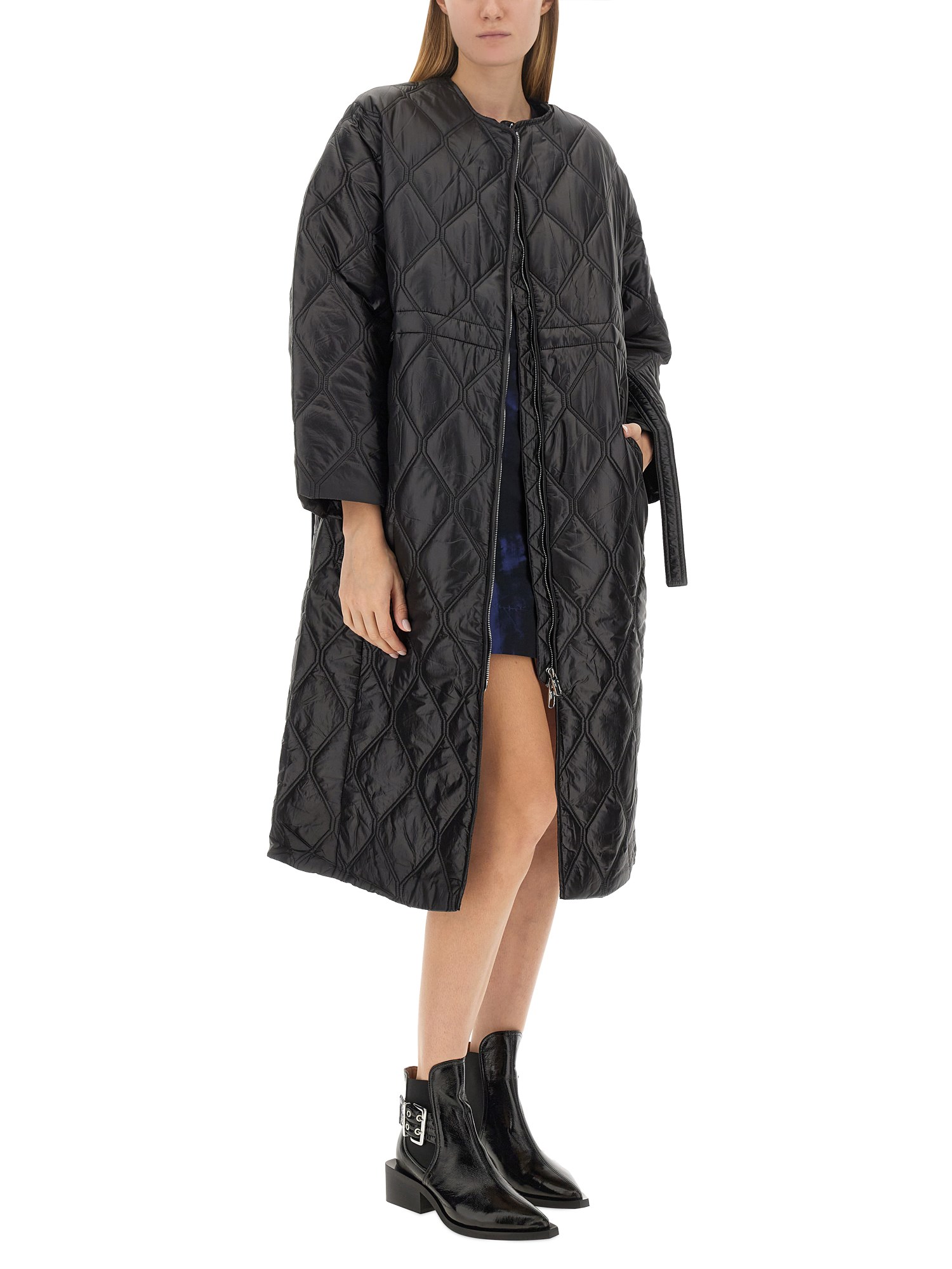 Ganni Diamond-quilted Zip-up Raincoat In Black