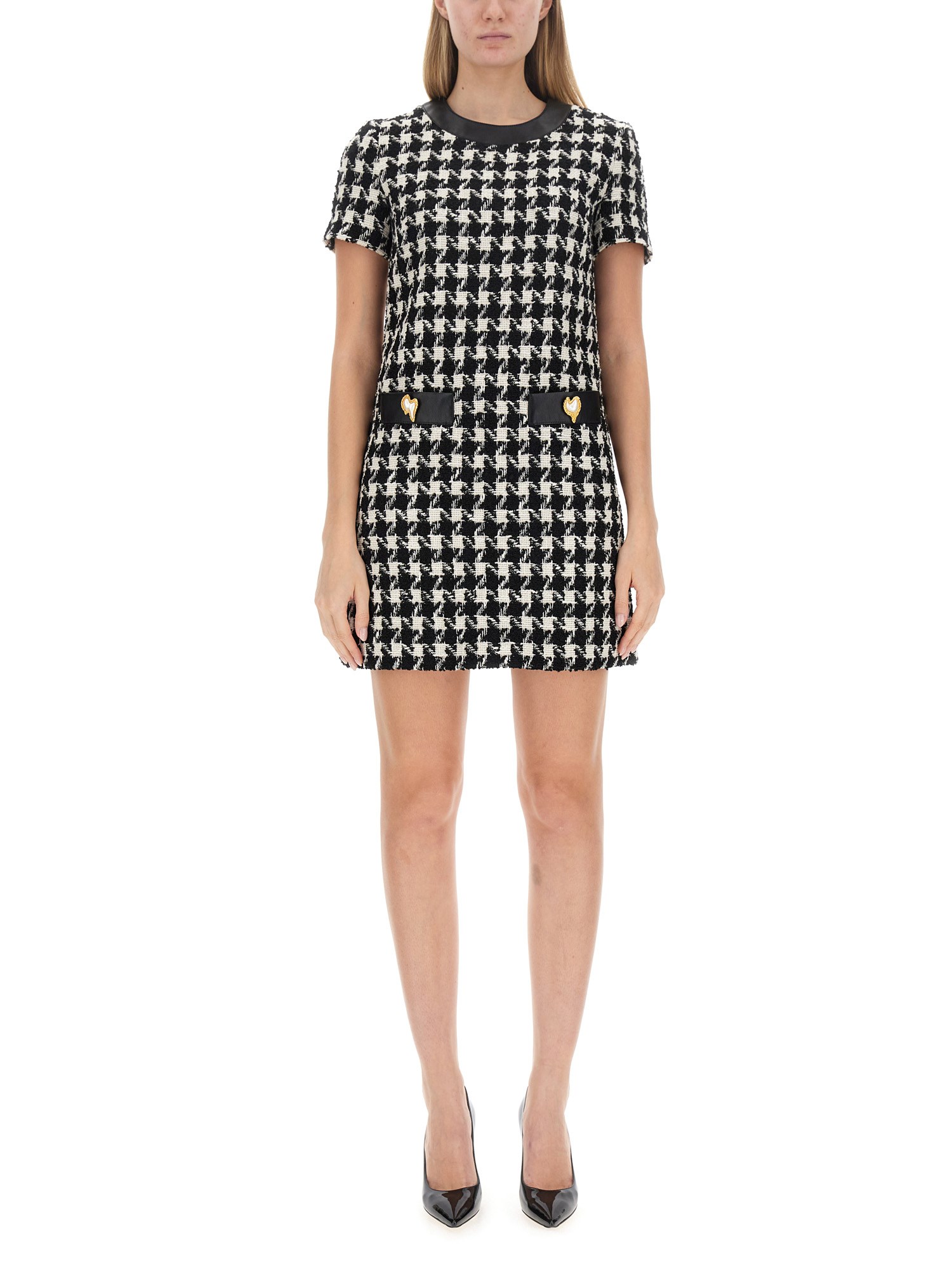 Moschino Button-embellished Houndstooth Wool-blend Tweed Mini Dress In Black