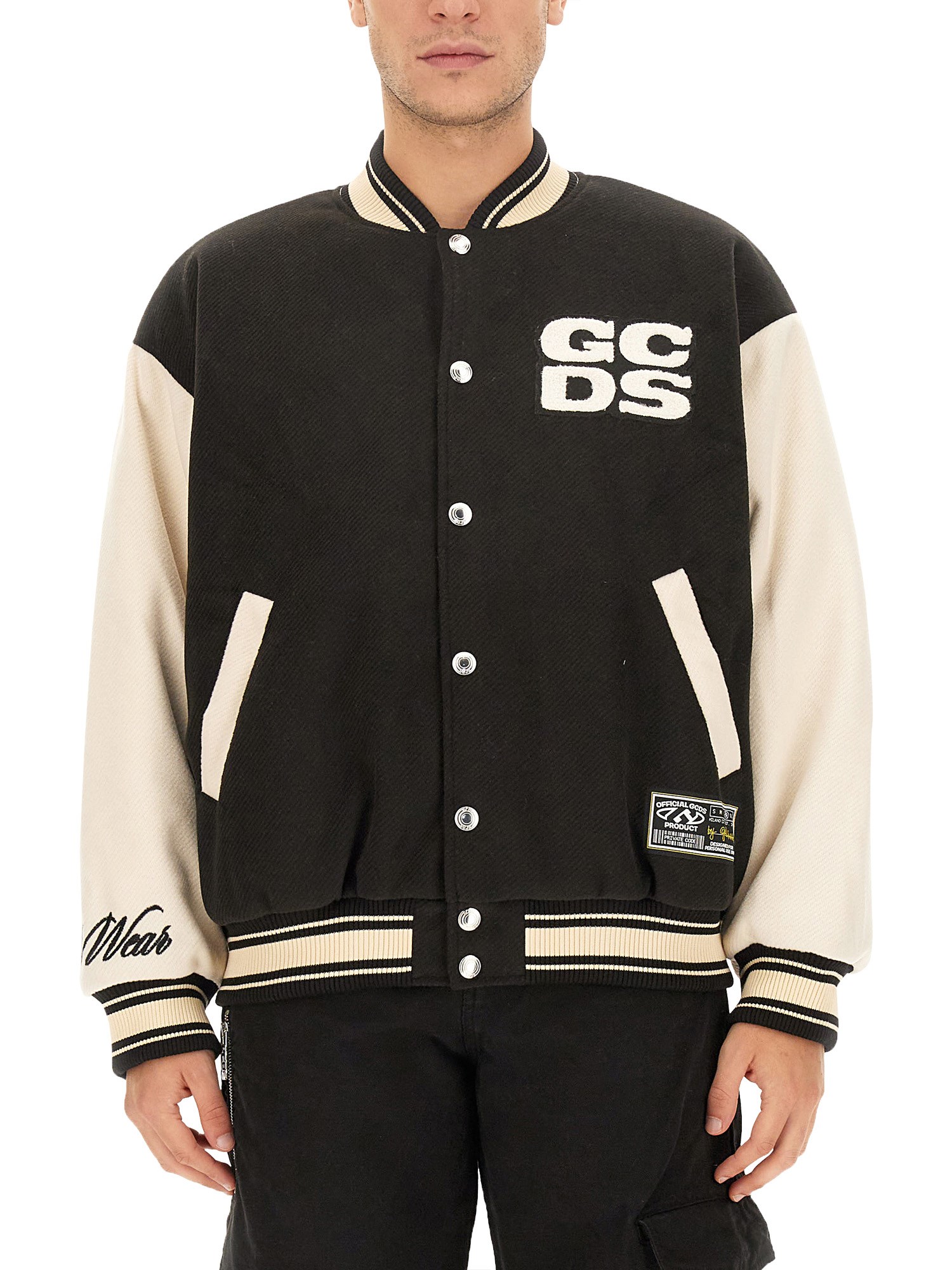 Shop Gcds Wirdo Varsity Bomber Jacket In Black