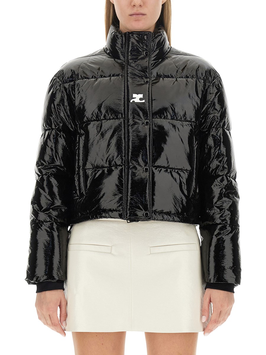 Cropped vinyl puffer clearance jacket