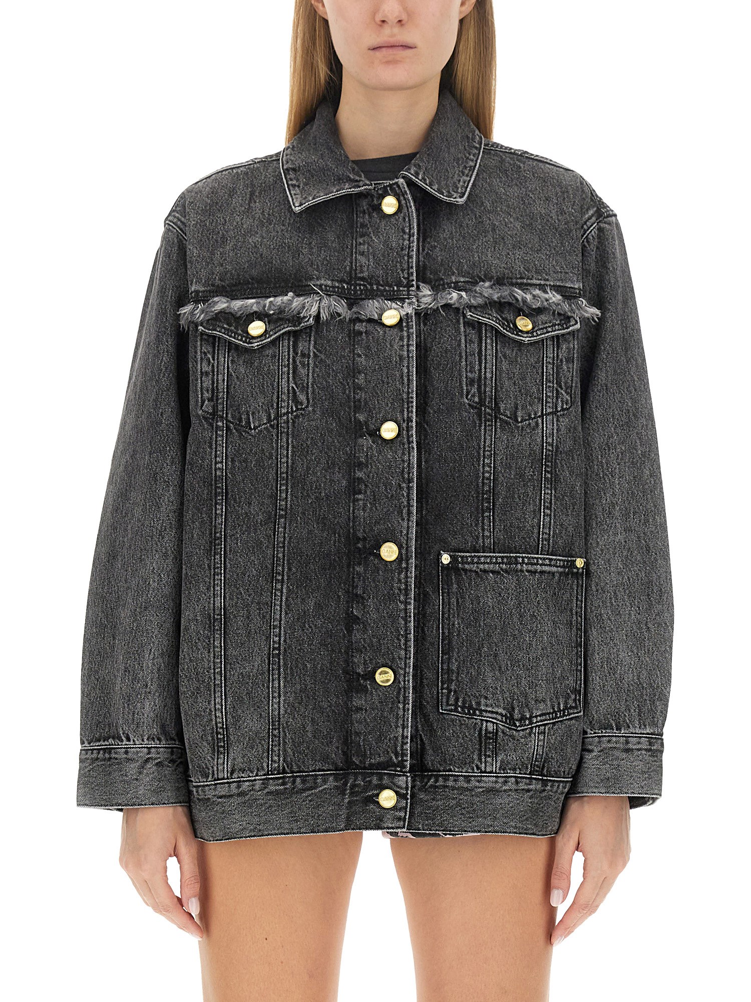 Ganni Snow Washed Denim Oversized Jacket In Black