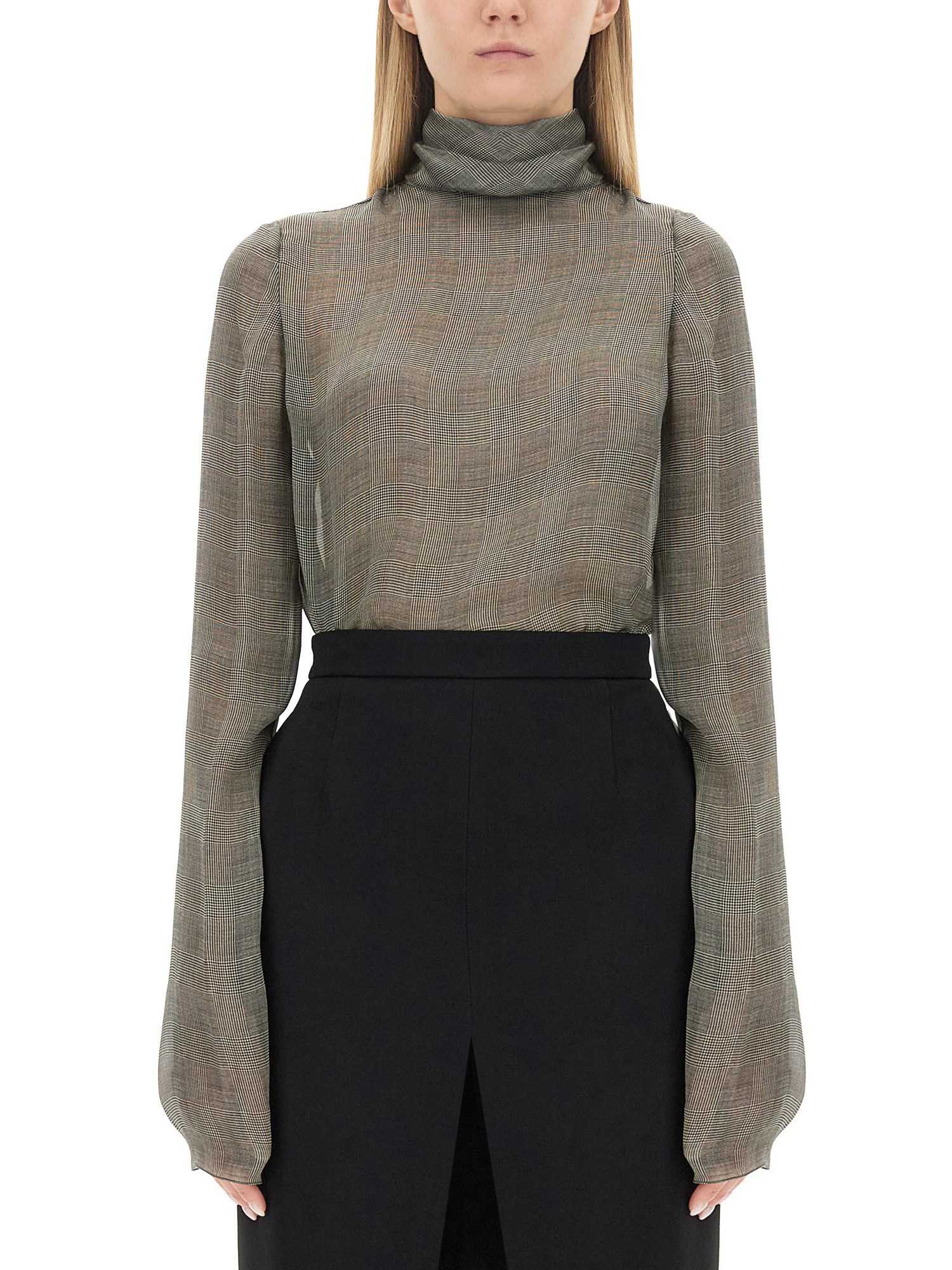 Saint Laurent Sheer Plaid High Neck Blouse In Black