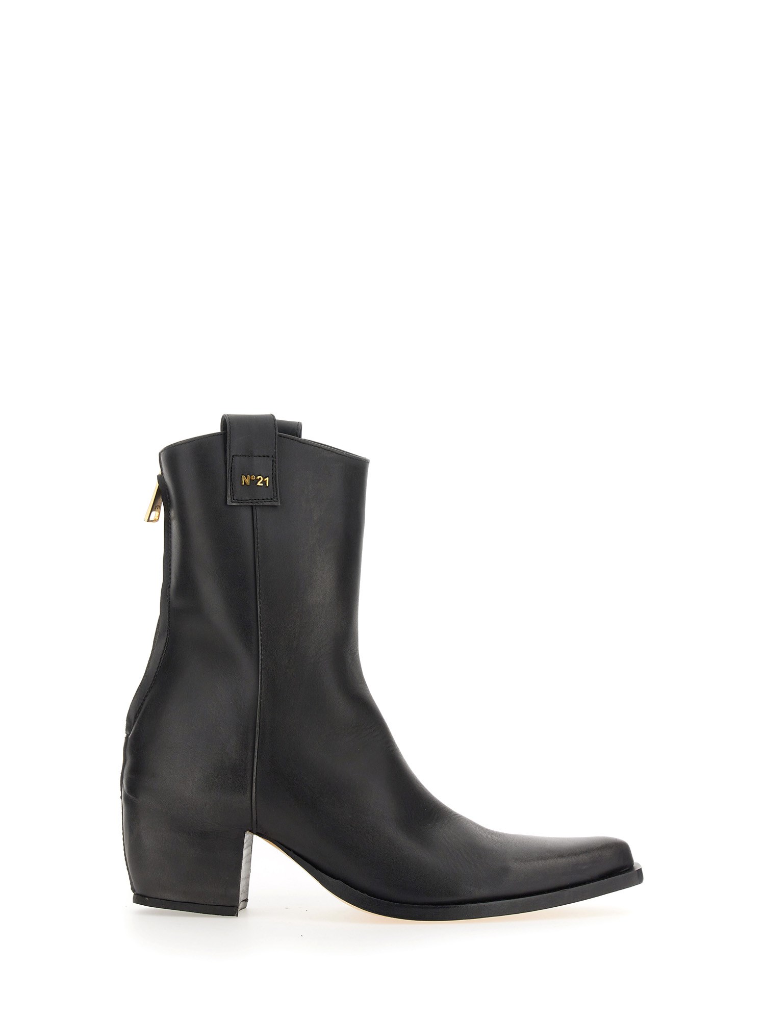 N°21 Pointed Toe Leather Boots With Block Heel In Black