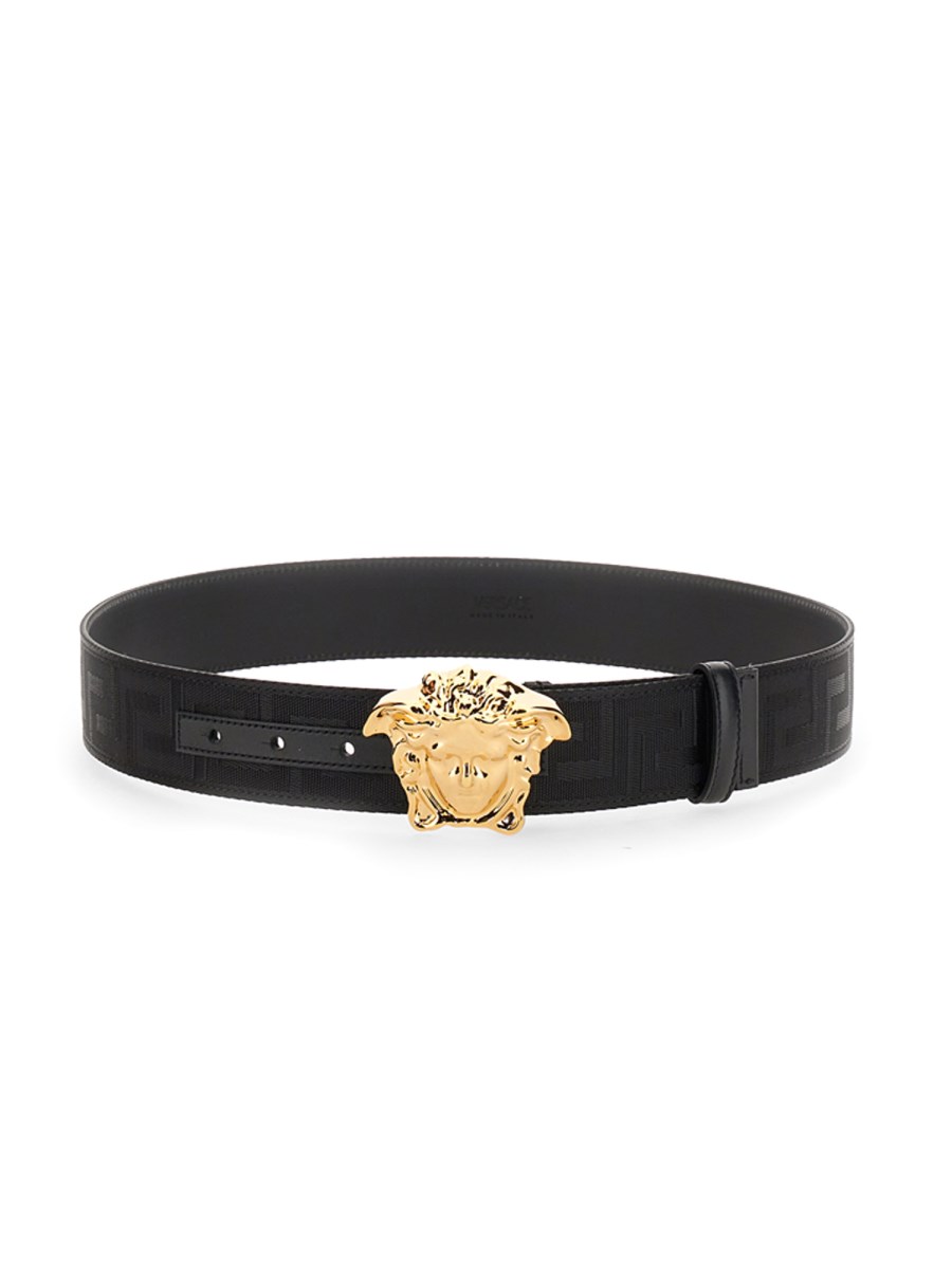 Versace Men's Black Leather Medusa Buckle Belt, Brand Size 105 CM