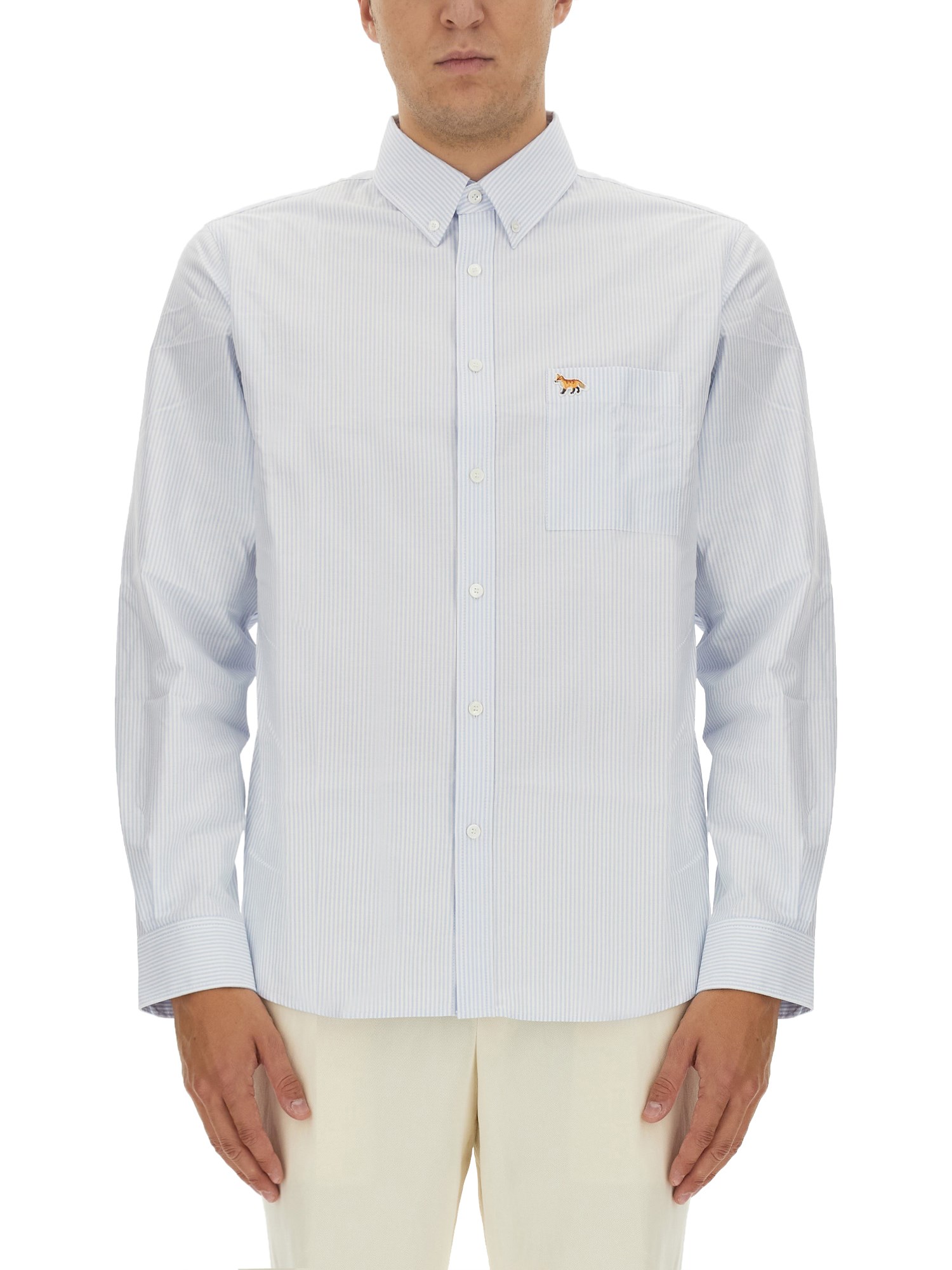 Maison Kitsuné Striped Shirt Featuring Logo Pocket In White