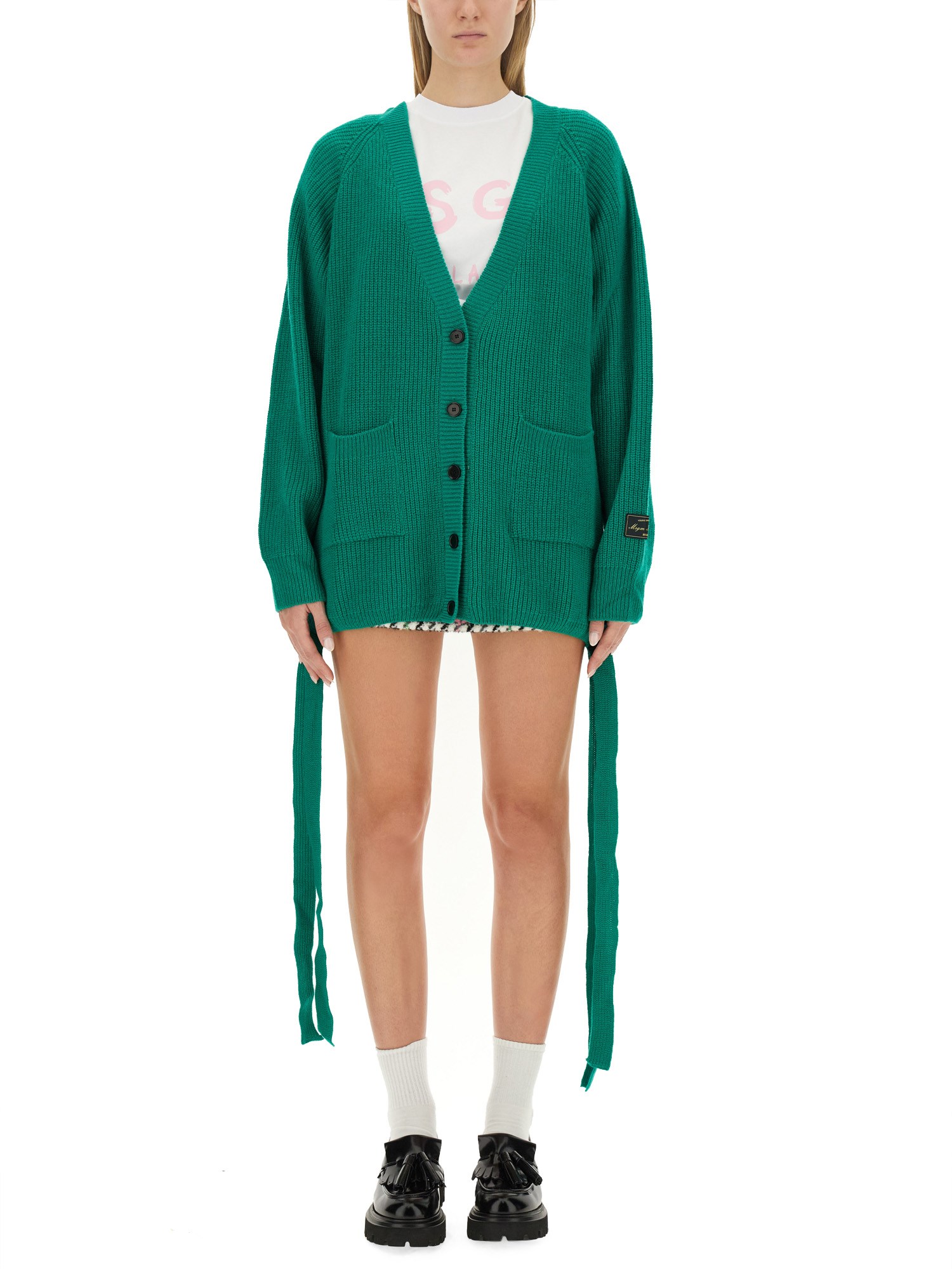 Shop Msgm V-neck Cardigan In Green