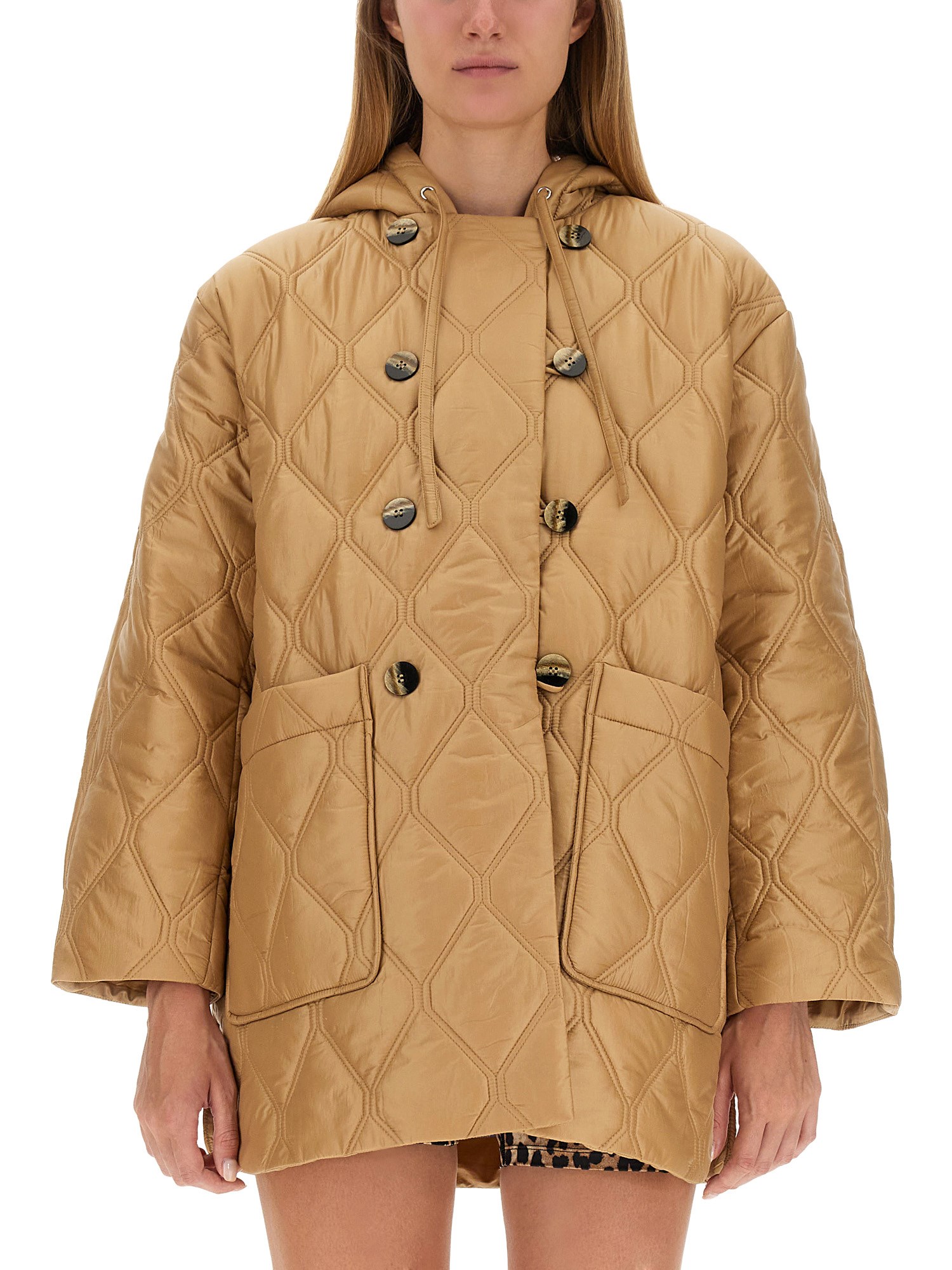 Ganni Beige Quilted Down Jacket With Hood In Beige