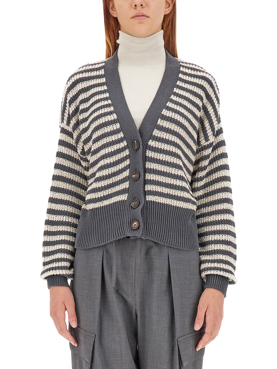 BRUNELLO CUCINELLI CARDIGAN IN COTONE A RIGHE CON MICRO PAILLETTES