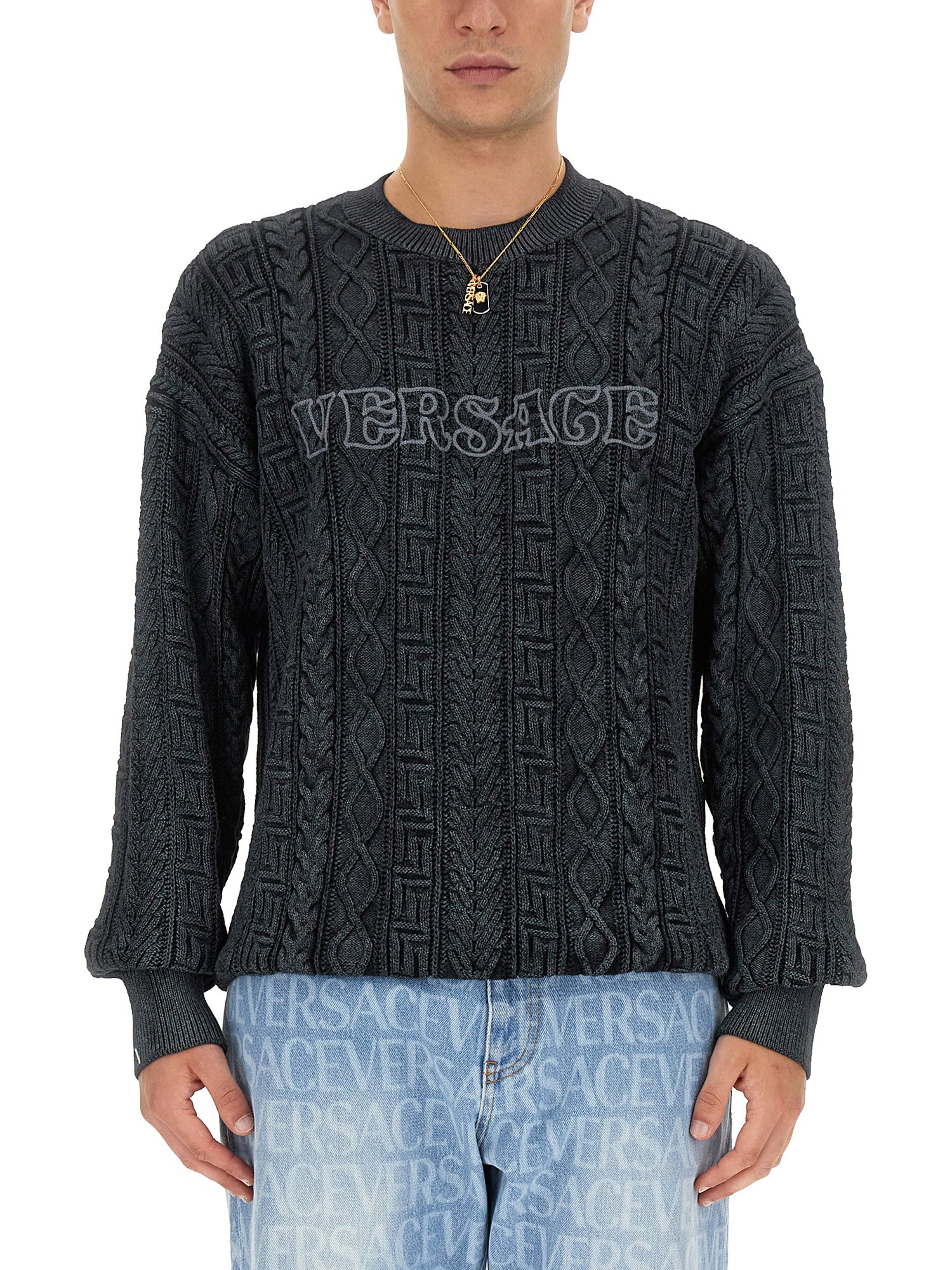 Shop Versace Knit With Greek Braid Work In Grey