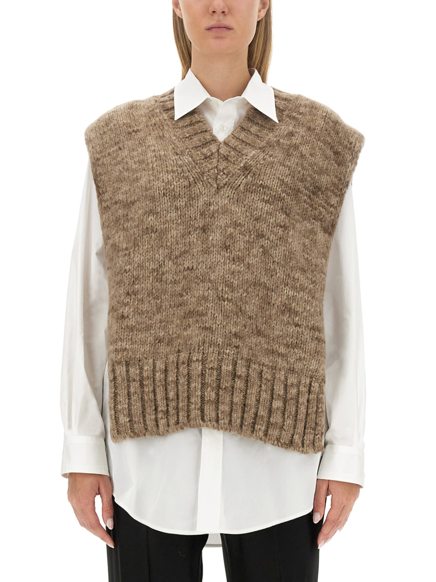 Maison Margiela Knitted Vest In Brown