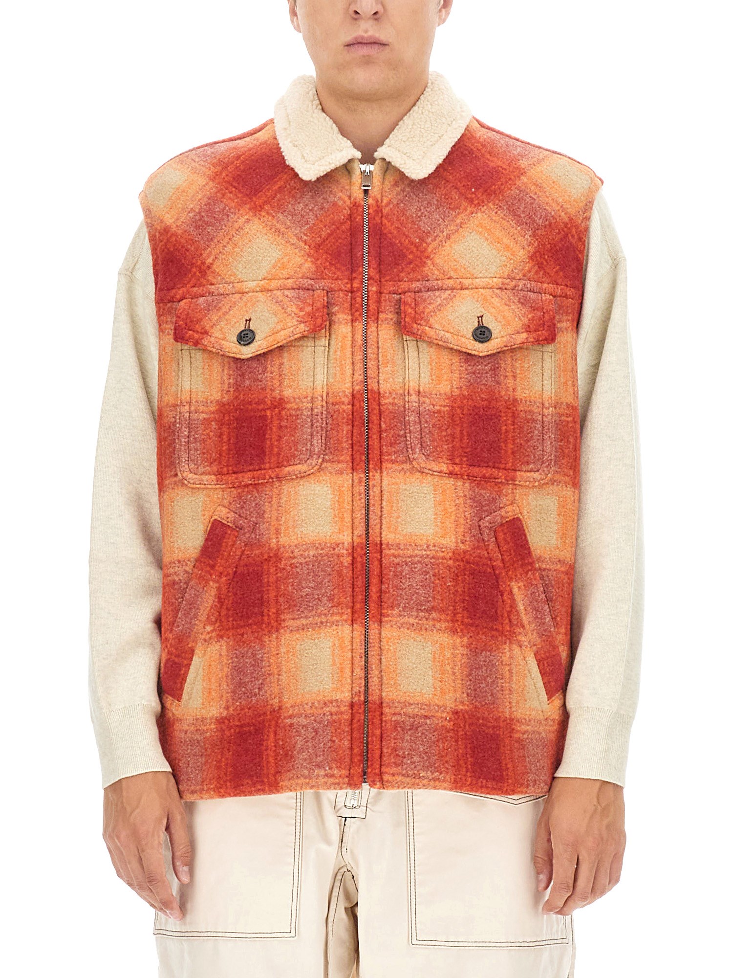 Isabel Marant Kiraneo Logo-embroidered Plaid-check Gilet In Orange